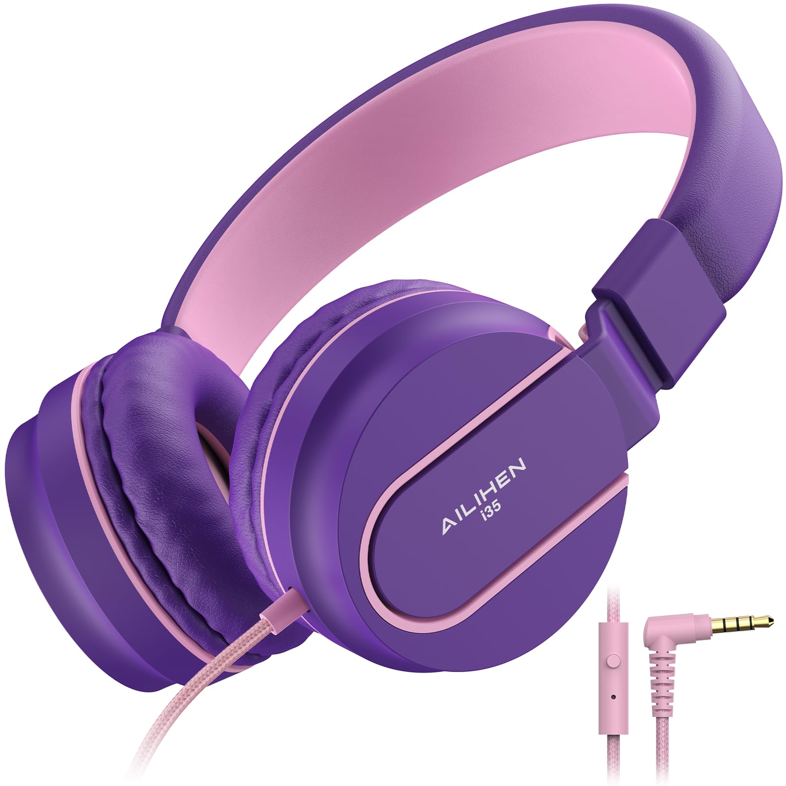 AILIHEN I35 Kid Headphones with Microphone Volume Limited 85dB Children Girls Boys Teen Lightweight Foldable Wired Headset for School Online Course Chromebook Cellphones Tablets (Pink Purple)