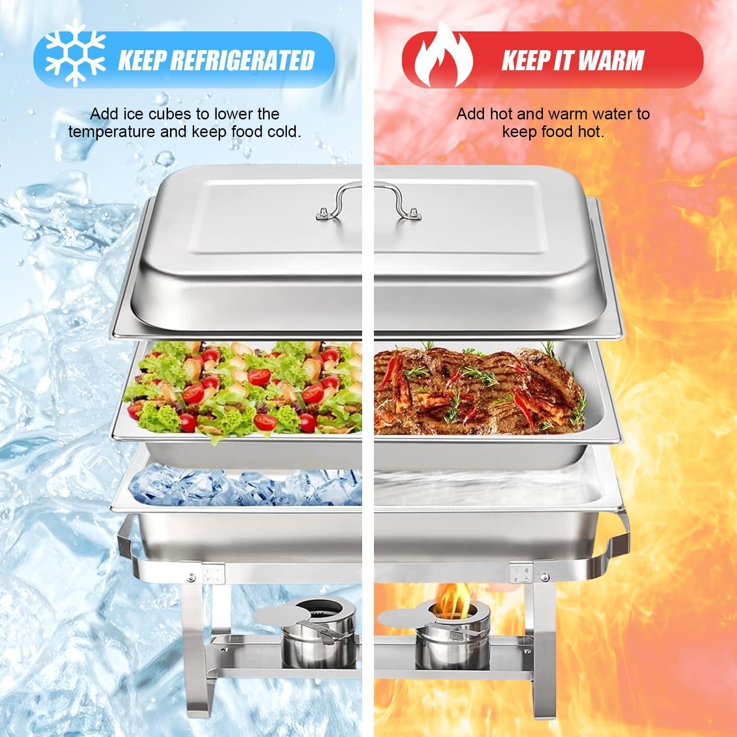 Paquete de 2 platos de 9 L para bufé, catering, calentador de alimentos, sartén fría y caliente con soporte para tapa, juego de platos de cena de acero inoxidable grueso, servidor de buffet para