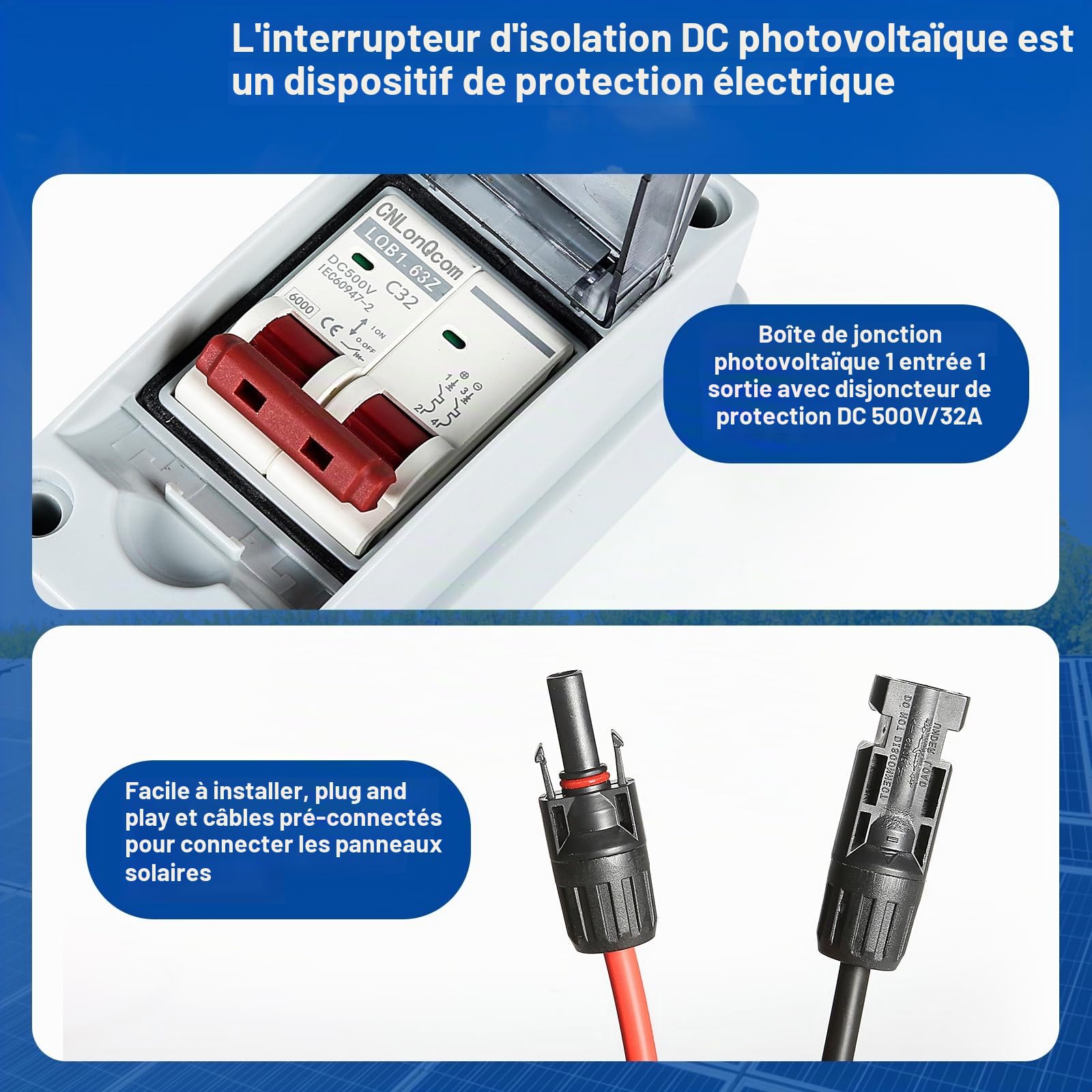 DeWin PV Boîte de Combinaison Solaire, 1 en 1 sur DC500V Interrupteur d'isolement Disjoncteur électriques Extérieur étanche Solaire Photovoltaïque Combiner Box for Système de Panneaux Solaire 32A