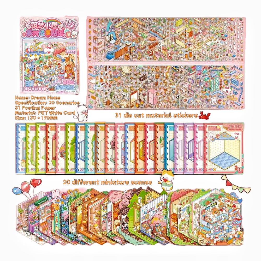 Tuyatezhi Hc 20Dream House 3D Mini Scene Sticker,20 Sets Diy House Scene Stickers With Tweezers Make Your Own Warm Home Collection For Adults Relief Stress,Party Favors Birthday Gift （Dream House）