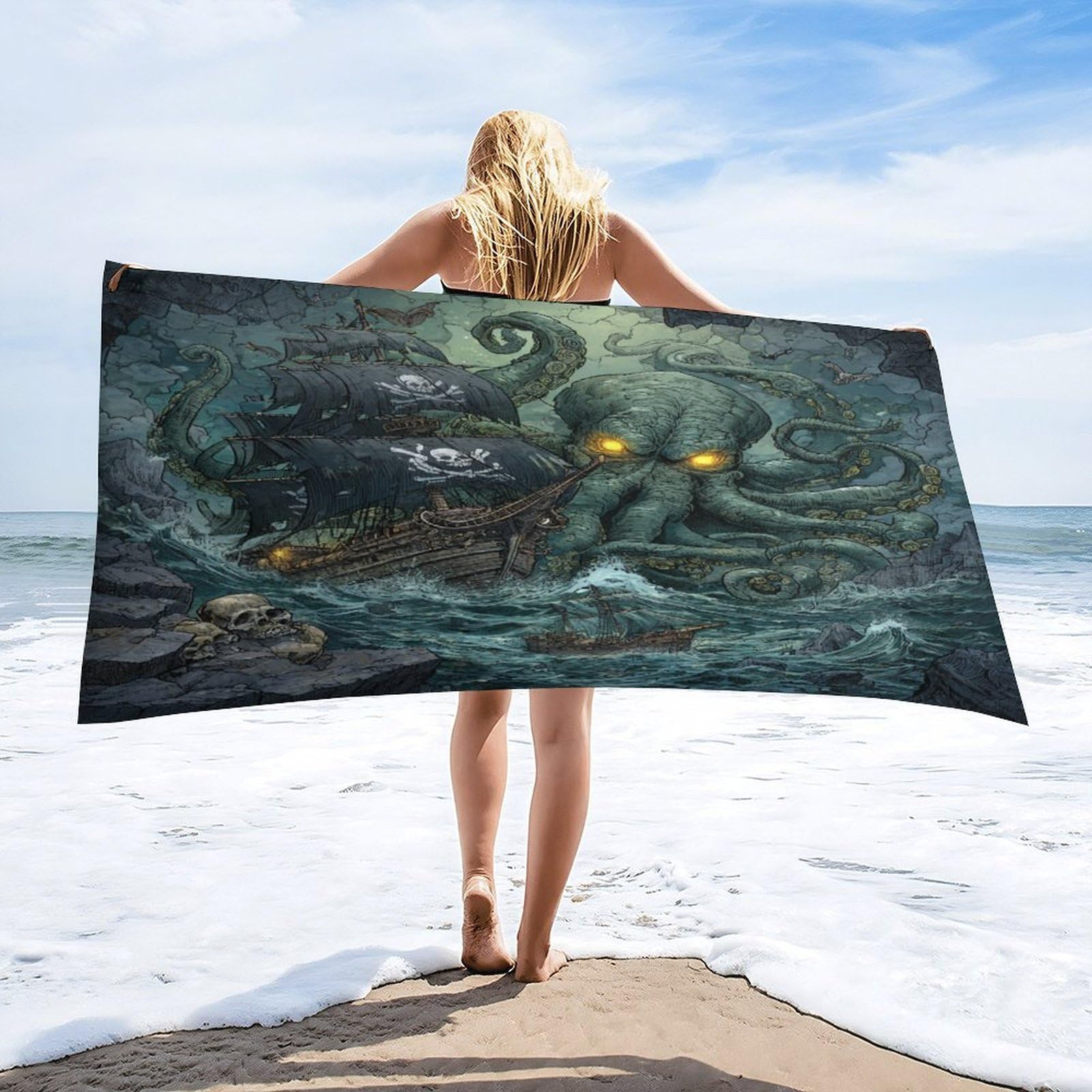 Luyysky Viking Nautical Sea Octopus Quick-Drying Beach Towel, Classic Watercolor Animal Octopus Pirate Ship Skeleton Skull Travel Vacation Single Sided Pile Bathroom Towels-80 W Cm X 160" L Cm