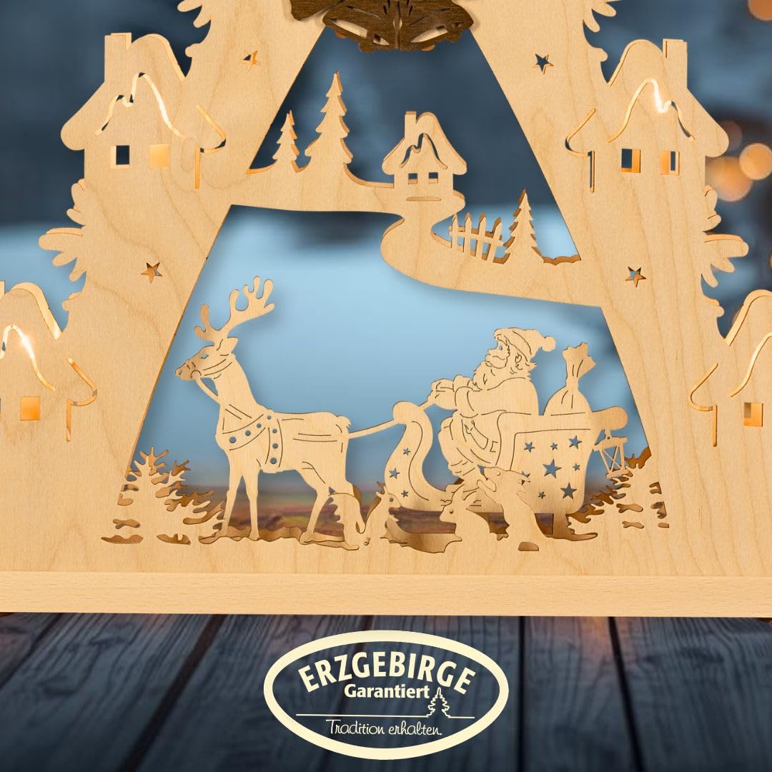 WEIGLA - Lichterspitze original Erzgebirge I Motiv Weihnachtsmann auf Schlitten I LED Lichterbogen Weihnachten I 7 Lampenkerzen + 1 Ersatzlampe I 7 x 34 V, 0,2 W, E10 I Weihnachtsdeko innen I aus Holz