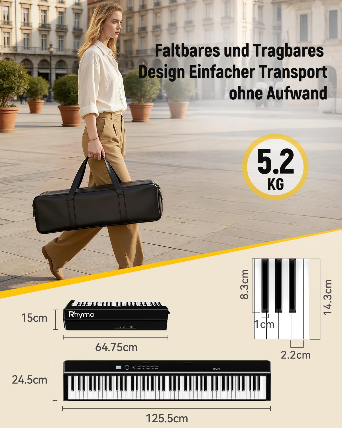 Faltbares Digitalpiano 88 Tasten Halbgewichtet, Bluetooth MIDI E-Piano, Dynamischer Anschlag, 128 Polyphonie, 30W Stereo-Lautsprecher, Split/Dual/Metronom, inkl. Sustain-Pedal, Anfänger & Profis