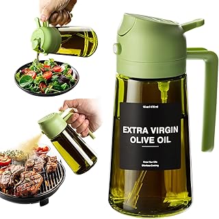16oz/470ml Olive Oil Dispenser for Kitchen with Stickers - 2 in 1 Olive Oil Sprayer for Cooking, Air Fryer, and Salad, Green (Light-Proof Kitchen Gadget)