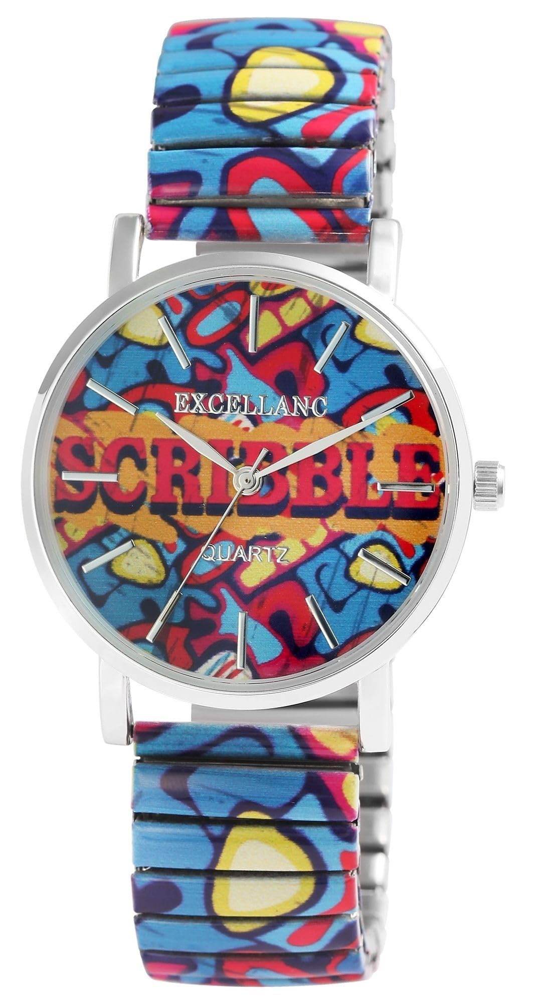 Excellanc Orologio da donna con cinturino in acciaio inox, 36 mm, motivo colorato, stampa analogico, al quarzo, 1700060, bianco, Bracciale