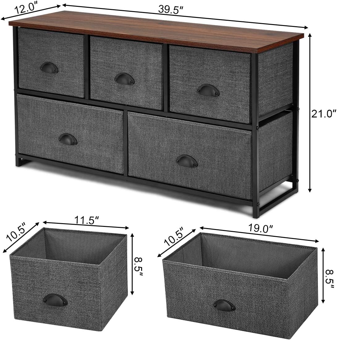 Diagram showing the dimensions of the dresser and its drawers