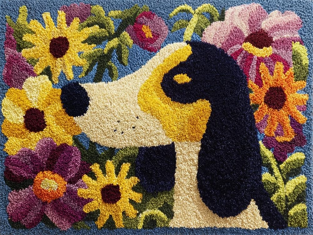 FWRTYCB Latch Hook Rug Kits,Dog and Flowers Pattern 20X15Inch