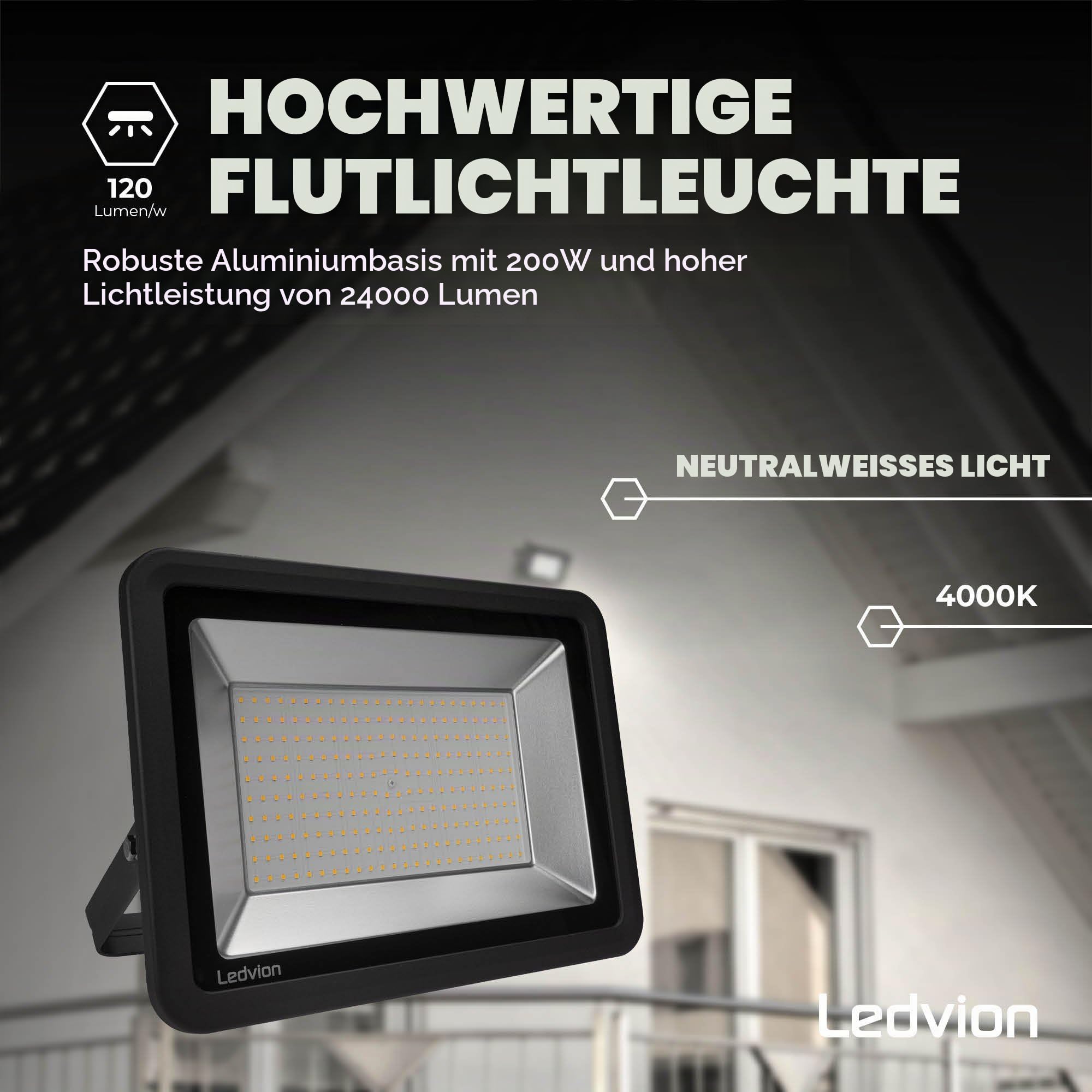 Ledvion LED Strahler Außen 200W wasserdicht IP65 4000K 17000lm | Schnellanschluss und verstellbare Halterung fuer Fassade Hof Garten und Betrieb