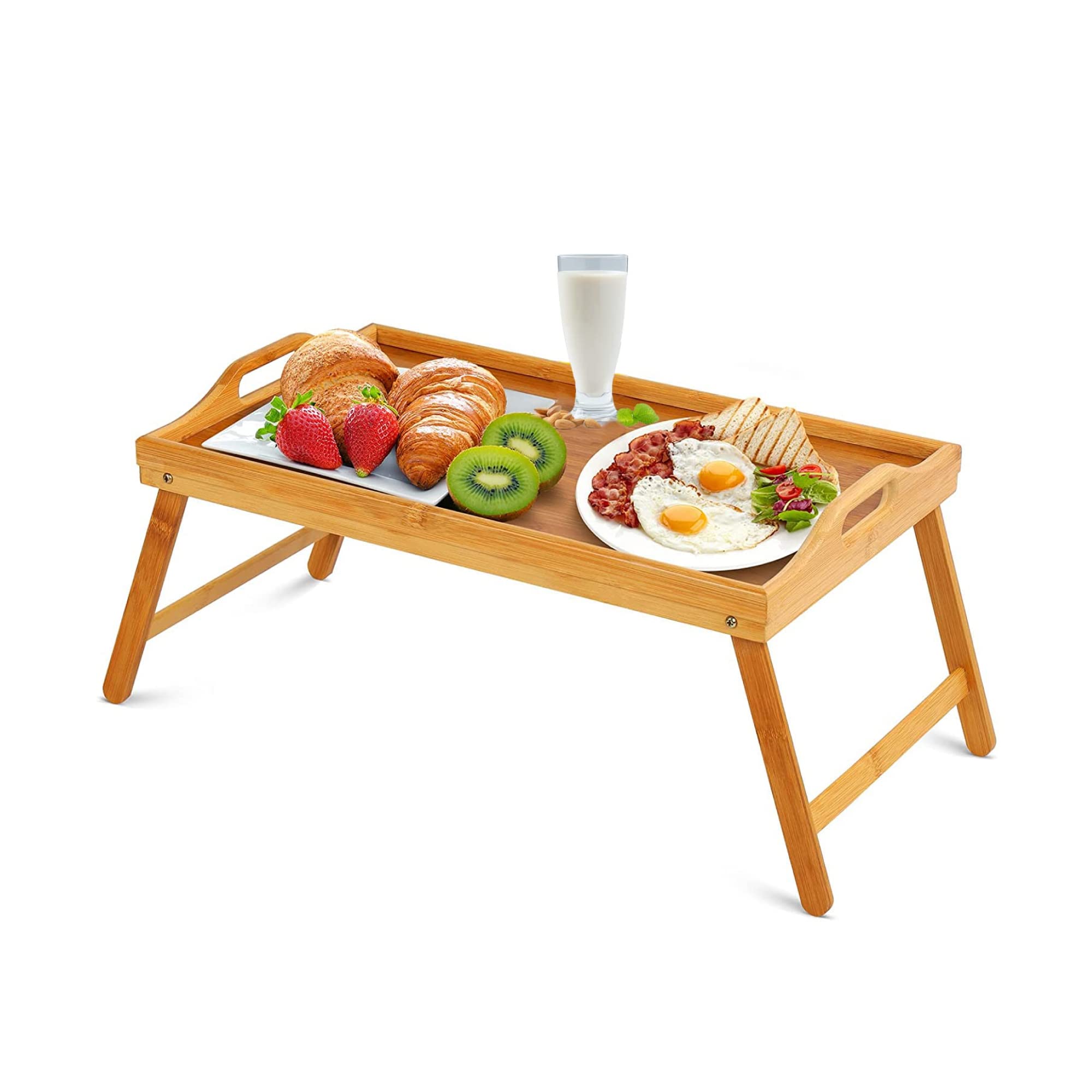 VIVAAS Bamboo Material Brown Wooden Food Serving Folding Table TV Tray With Durable Handles Ideal For Lunch, Dinner On Sofa | Tray With Legs | Tv Trays For Eating | Tray For Bed | Breakfast Tray
