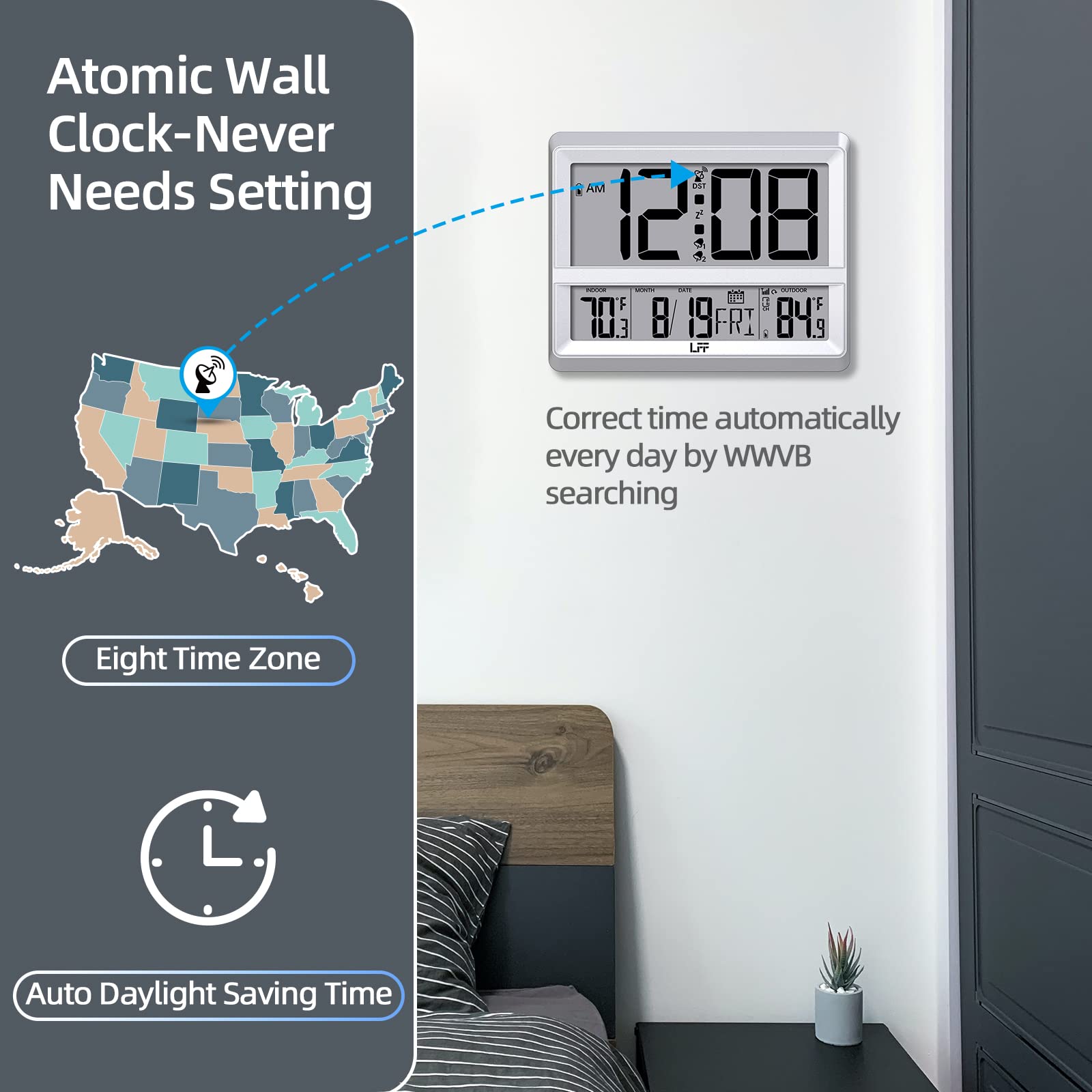 Reloj Atómico de Pared Digital con Pantalla Grande, Temperatura Interior y Exterior, Sensor Inalámbrico Plateado