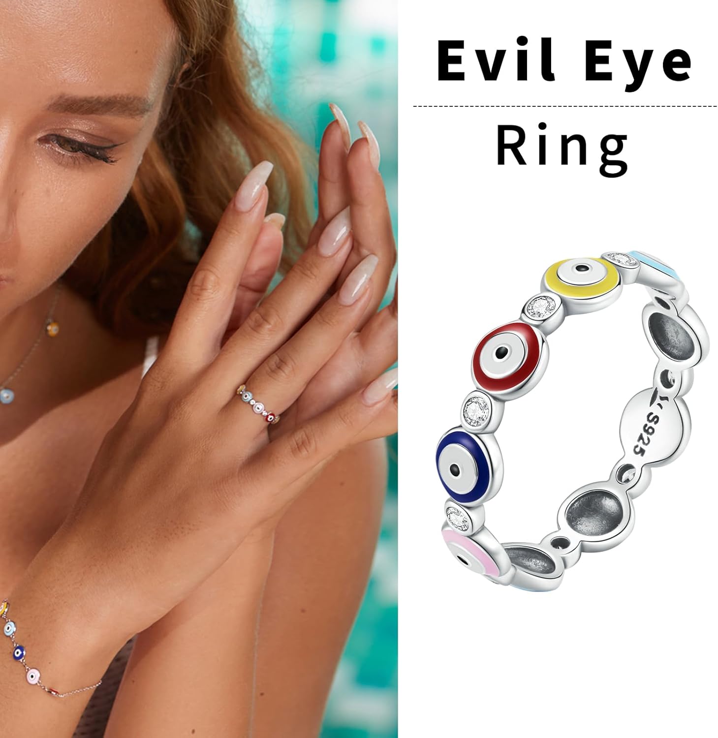 Shysnow Evil Eye Ring for Women 925 Sterling Silver Blue Hamsa Evil Eyes Enamel CZ Rings Dainty Turkish Greek Colorful Eyes Ojo Rings Lucky Protection Jewelry Size 5 to 10 - Image 4