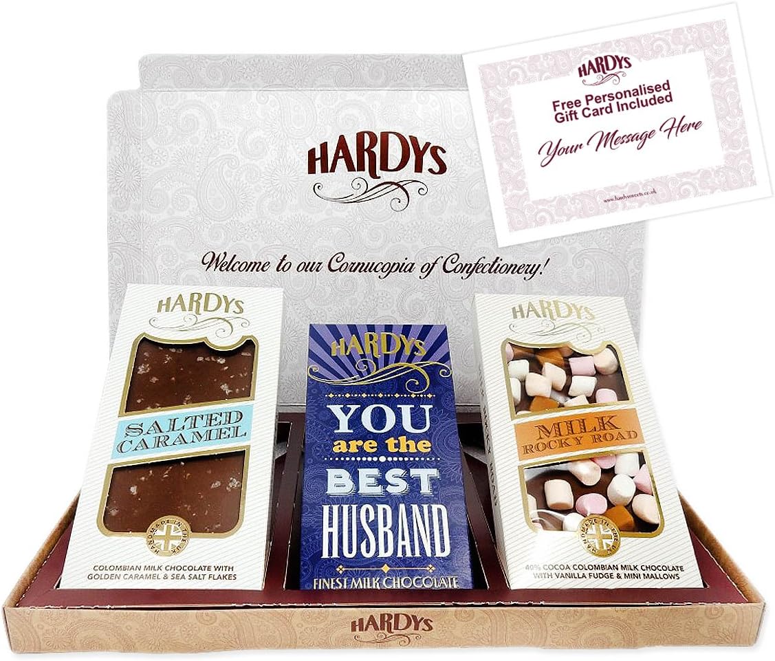 The Hardys Best Husband Haul: Letterbox-Friendly Gift Box containing a Trio of 1 x 80g and 2 x 100g Finest Milk Chocolate "Best Husband," Salted Caramel and Milk Rocky Road Chocolate Bars