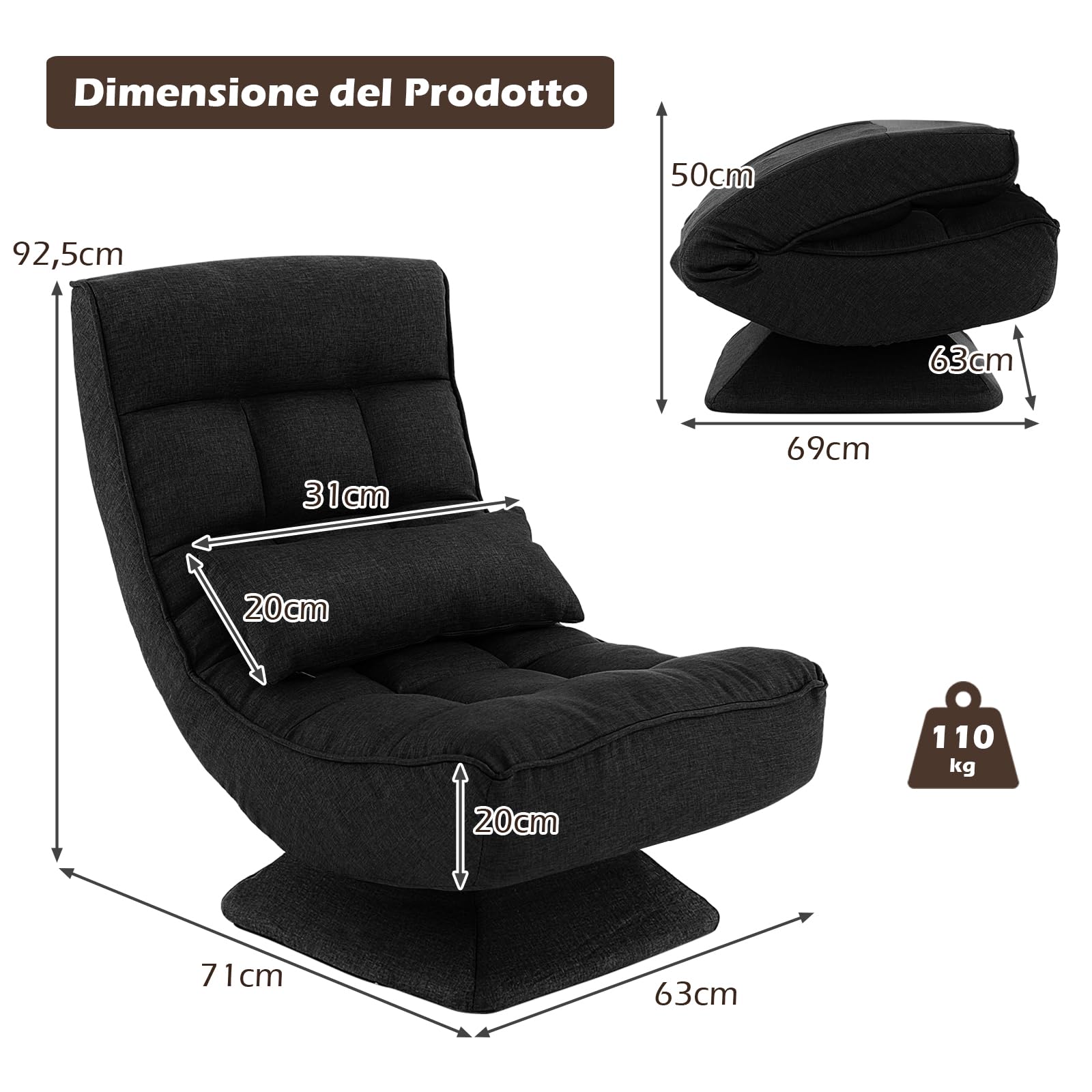 COSTWAY Poltrona da Terra Girevole 360°, Poltrona Relax con Schienale Regolabile a 4 Posizioni, Sedia Pieghevole con Base, per Soggiorno Camera da Letto (Nero)