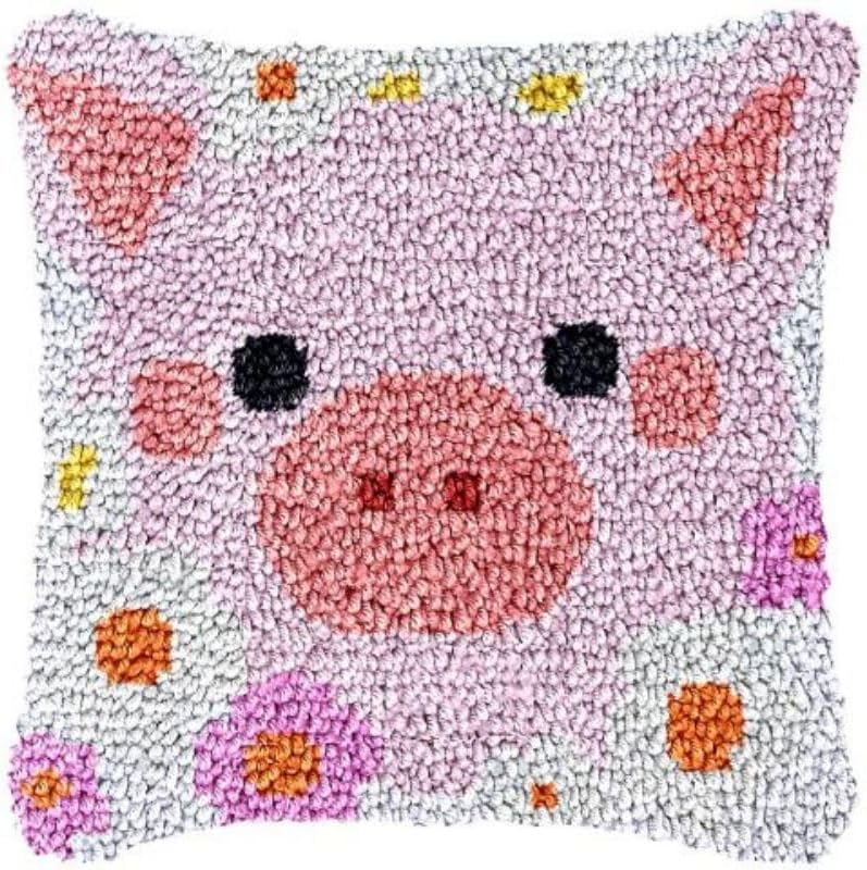 Latch Hook Kits Pillow Cover for Beginner Cute Pink Pig Color Printed Canvas Yarn Crocheting Carpet Cushion Embroidery Hook and Latch Pillowcase Sofa Decoration 43x43cm 2