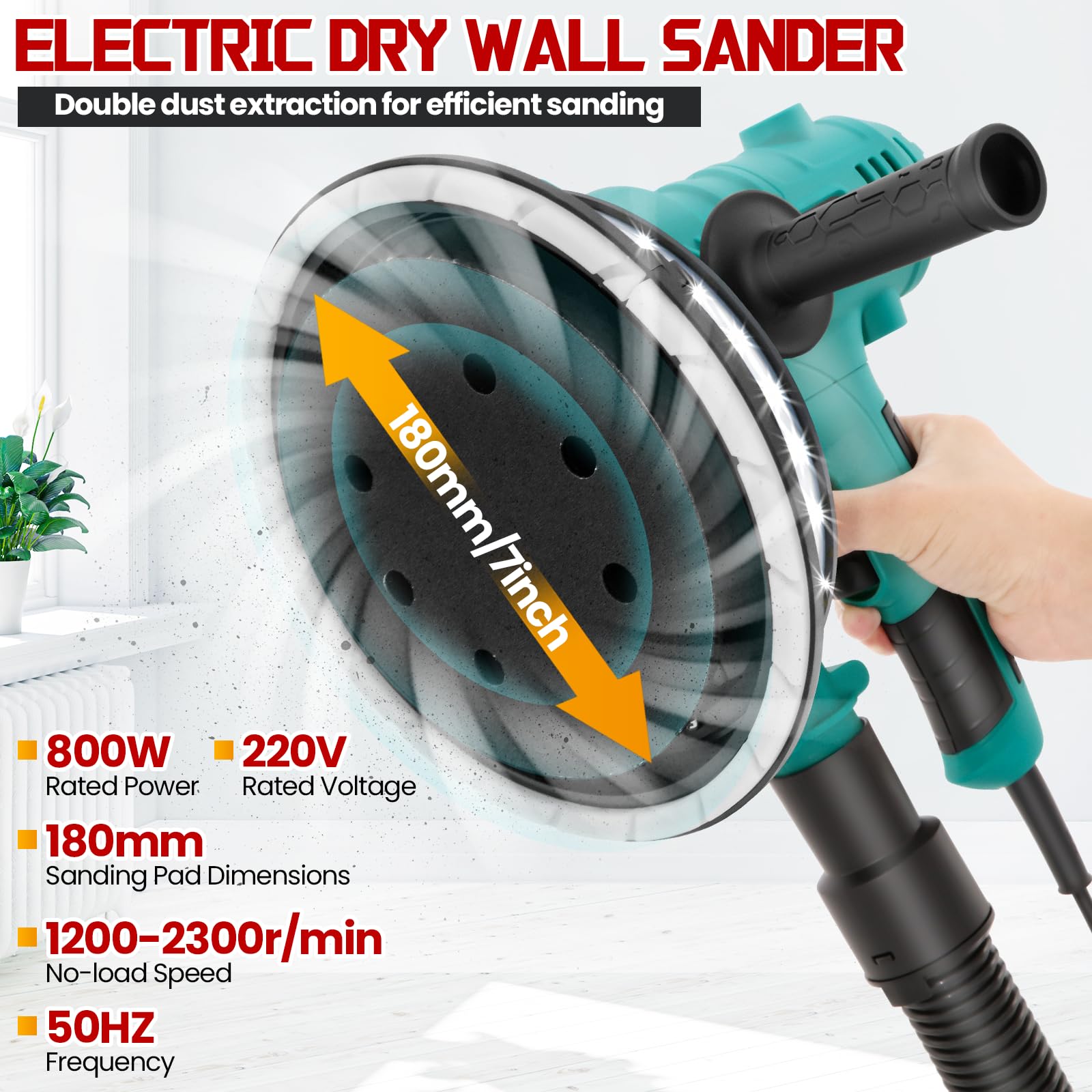 Levigatrice Per Muro 800 W,1200-2300r/min Levigatrice a Secco, conLuce LED, Aspirazione Polvere Automatica,Tubo Flessibile e 12 Dischi di Levigatura