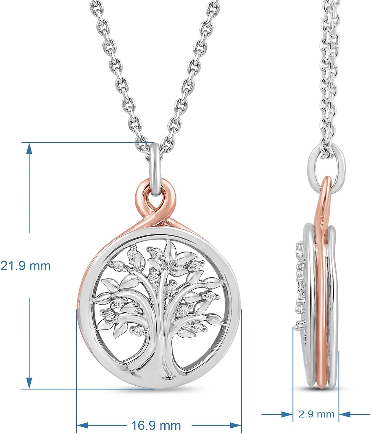 Jewelili 10K Rose Gold and Sterling Silver Natural White Round Diamond Tree of Life Pendant Necklace 18" Cable Chain