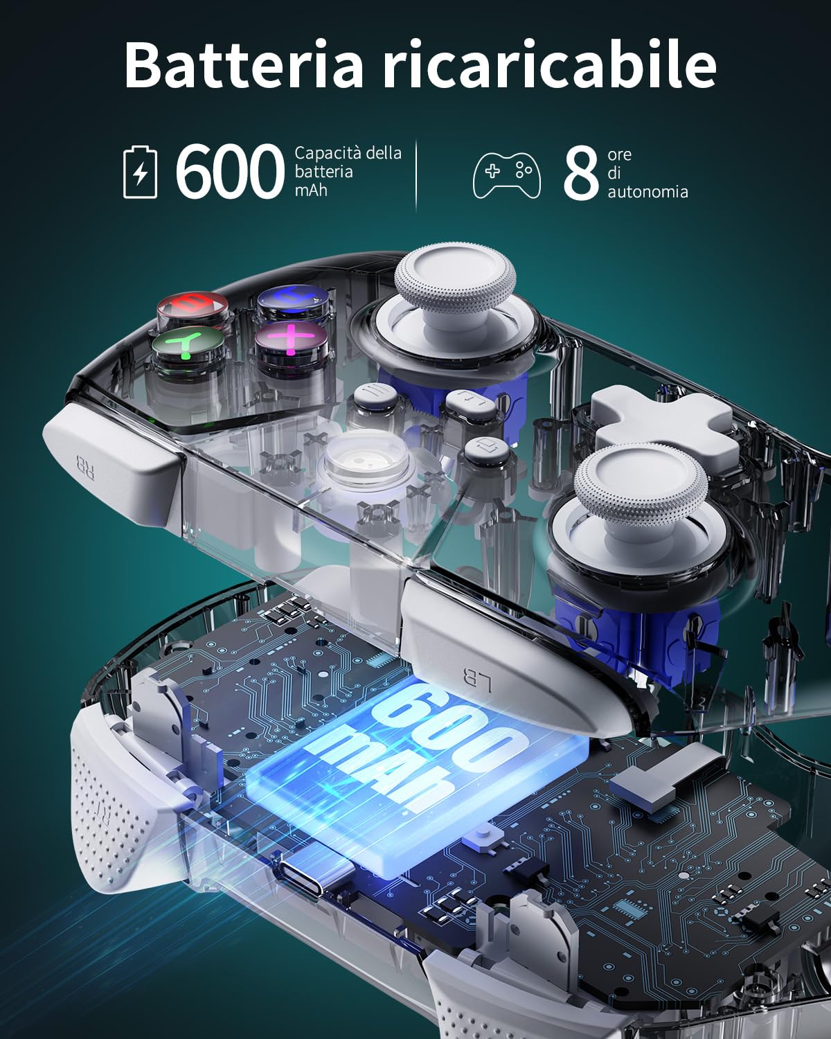 Controller PC Wireless 2.4G con Joystick e Grilletti Hall Effect, Controller per Windows/Android/Steam Deck/iPhone/Switch 2, Gamepad Bluetooth con 8 Colori RGB/Turbo/Tasti Programmabili - Trasparente