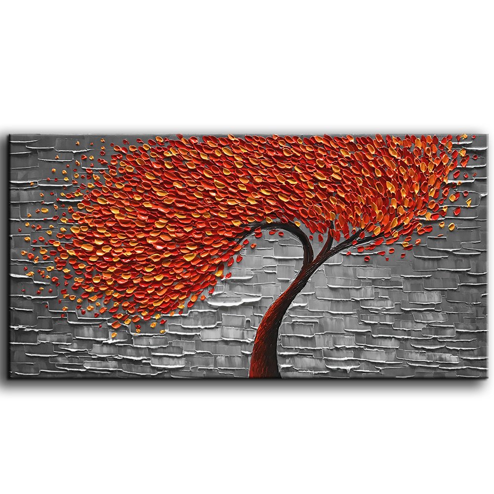 YaSheng ArtModern Abstract Painting Red Tree 3D Oil Painting Hand Painted On Canvas Abstract Artwork picture Wall Art for living room office Decoration (20x40inch)