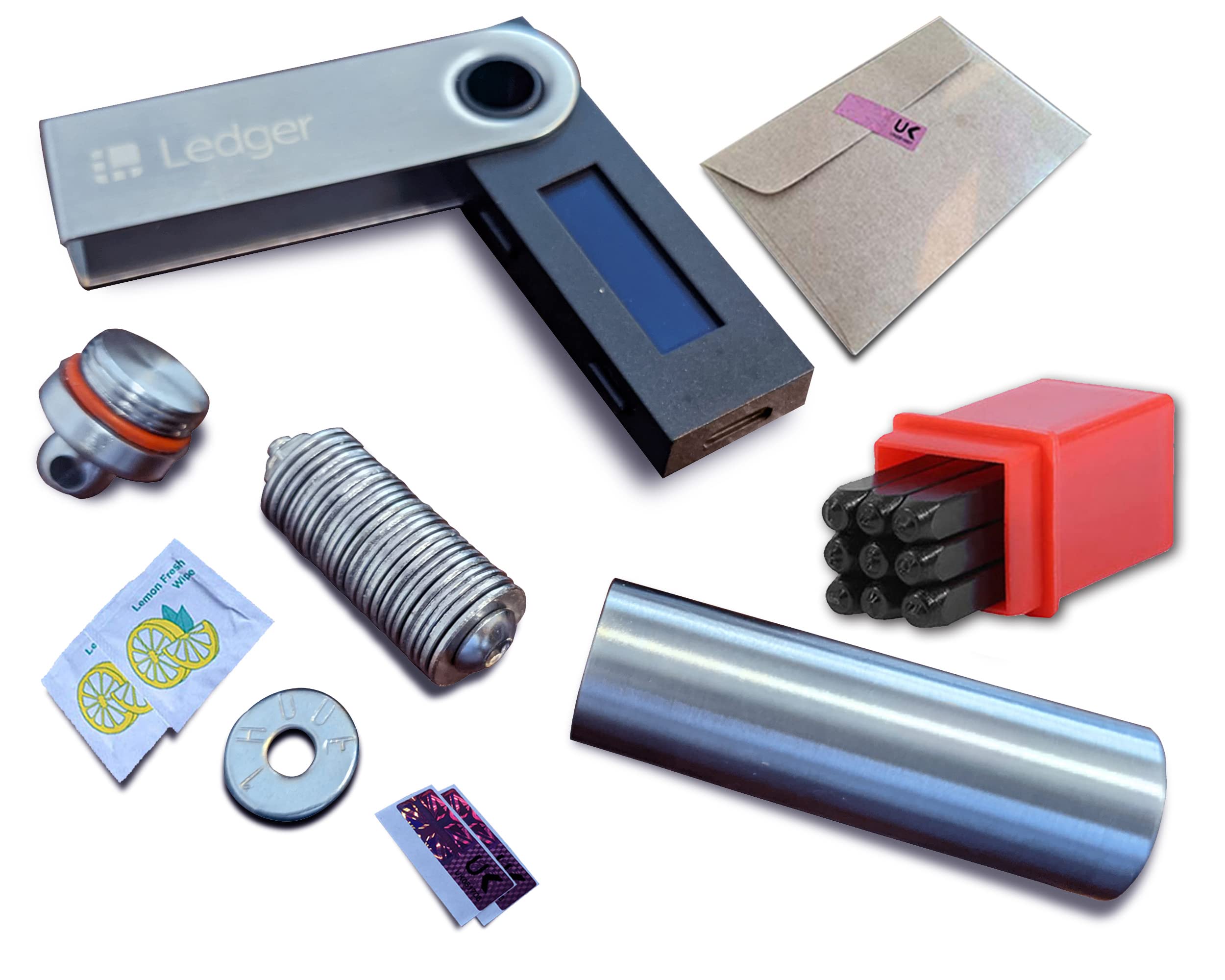 Hooe England Cold Stainless Crypto Steel 24 Metal Wallet Washers for Offline Bitcoin Ethereum Cryptocurrency Seed Storage Mnemonic Phrase Backup Recovery Word Kit with 0 to 9 Number Punch Tools