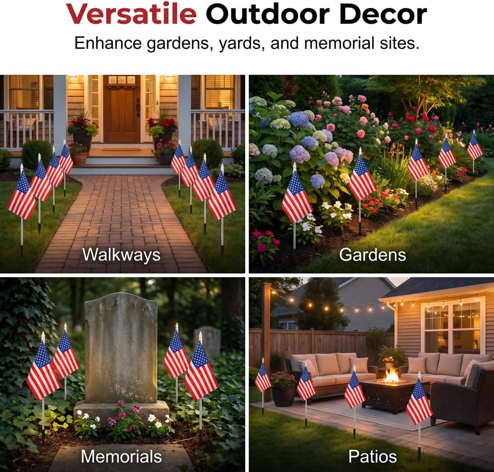8 Solar American Flag Pathway Lights, Patriotic Flag Solar Lights for 250th Anniversary Celebration, Red White and Blue Solar Lights Outdoor Pathway Yard Garden Decorations for Memorial Day (8 PCS)