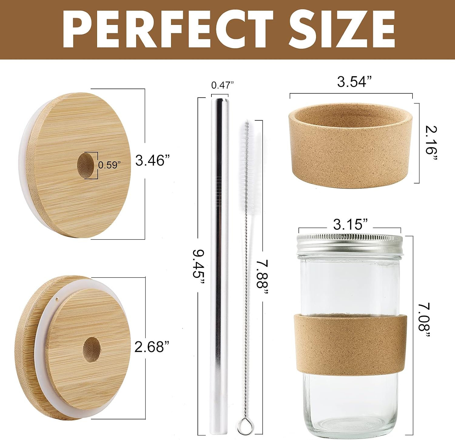 Reusable Boba Cup Bubble Tea Cup Wide Mouth Smoothie Cups Iced Coffee Tumbler, 22 oz Leakproof Glass Mason Jars Boba Tumblers with Wooden Lid and Stainless Steel Straws, Cork Band Sleeve (2 PACK)