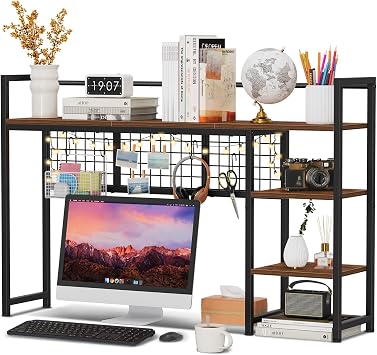 Snughome Desk Shelf, 44.9" Desktop Organizer Shelf, Desk Hutch for Computer Monitor, 4 Tier Desk Display Rack with Pegboard Hooks Set, Wood Desktop Bookshelf for Home Office Dorm