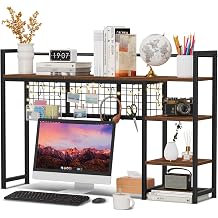 Snughome Desk Shelf, 44.9" Desktop Organizer Shelf, Desk Hutch for Computer Monitor, 4 Tier Desk Display Rack with Pegboard Hooks Set, Wood Desktop Bookshelf for Home Office Dorm
