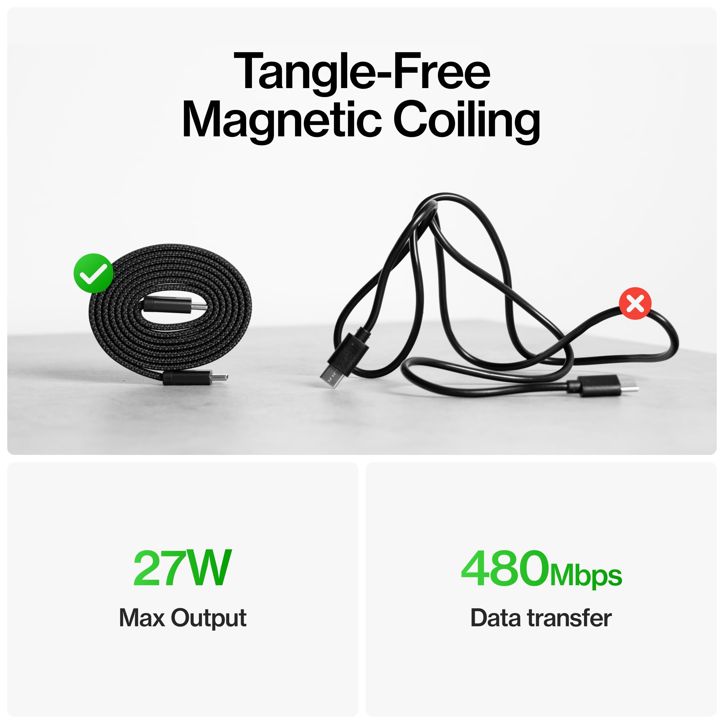 Statik MagStack - Cable USB a USB C, magnético antienredos plano A a tipo C, cable de carga rápida, cable de carga magnético, compatible con iPhone 16 Pro Max, Galaxy S24 Ultra, 27 W 3 pies/1 m