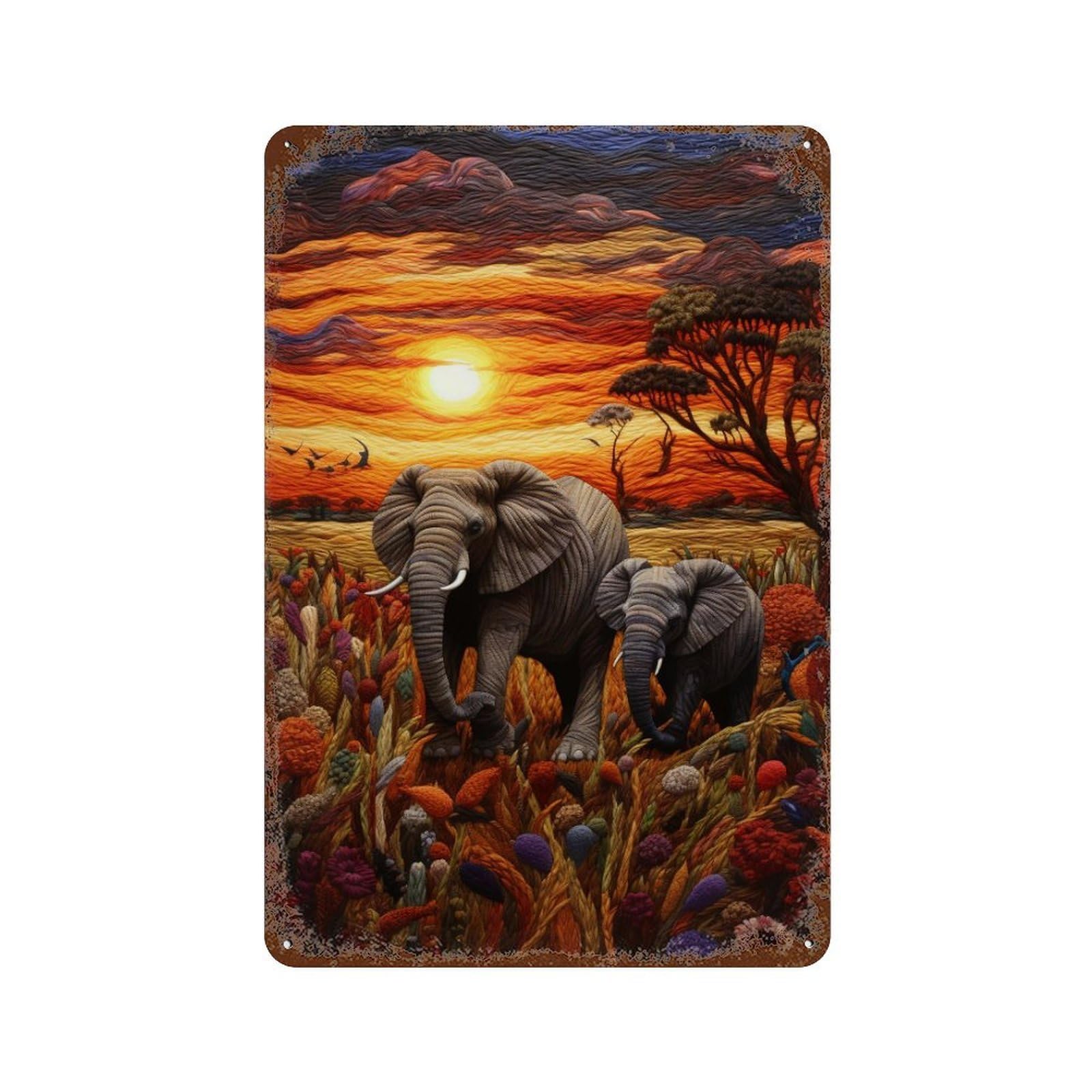 Elephant Family Sunset Safari 11.8"x7.9" Aged Metal Wall Plaque, Vintage Wall Decor for Bistro, Counter And Cafe Decor