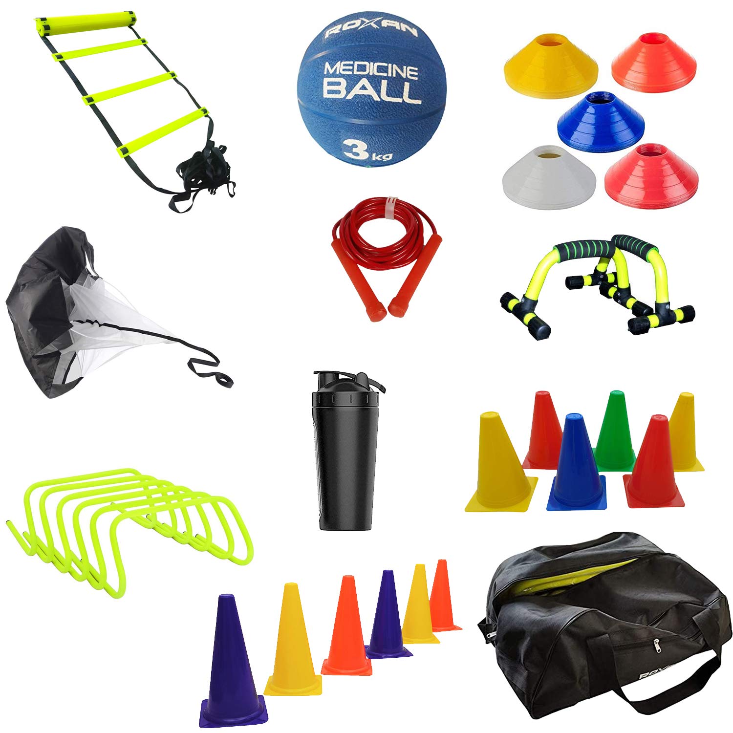 ROXAN Plastic Speed Ladder, Rubber Medicine Ball, Push Up Bar,Field Round Pipe , Space Marker Cone, Running Parachute, Saucer Combo, Set of 50