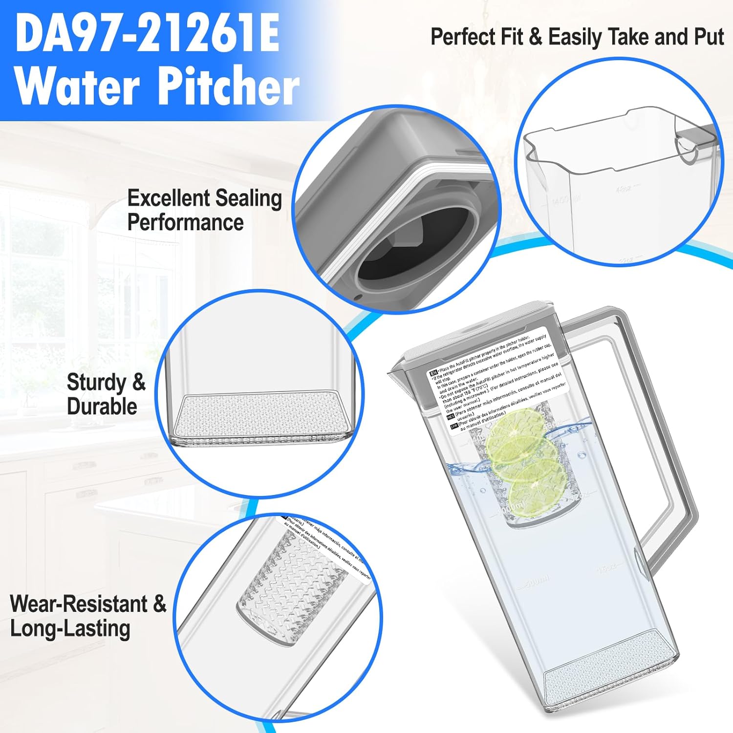 Upgraded DA97-21261E Refrigerator Water Pitcher Assembly Compatible with Samsung Fridge Water Pitcher Reservoir Parts RF23A9071SR RF29A9071SR RF29A9671SR RF29A9771SR RF23A9671SR DA97-21261B Pitcher