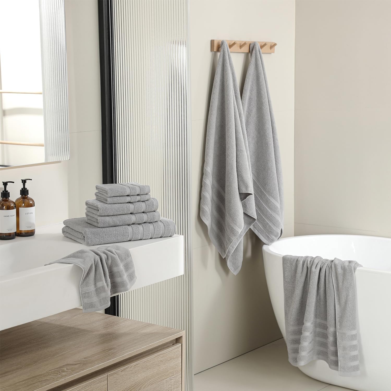 16-Piece Bath Towels Set, 100% Cotton Thick Soft Highly Absorbent Durable, Quick Dry, Bathroom Towels Set (4 Bath Towels, 4 Hand Towels, 8 Washcloths) - Perfect for Daily Use