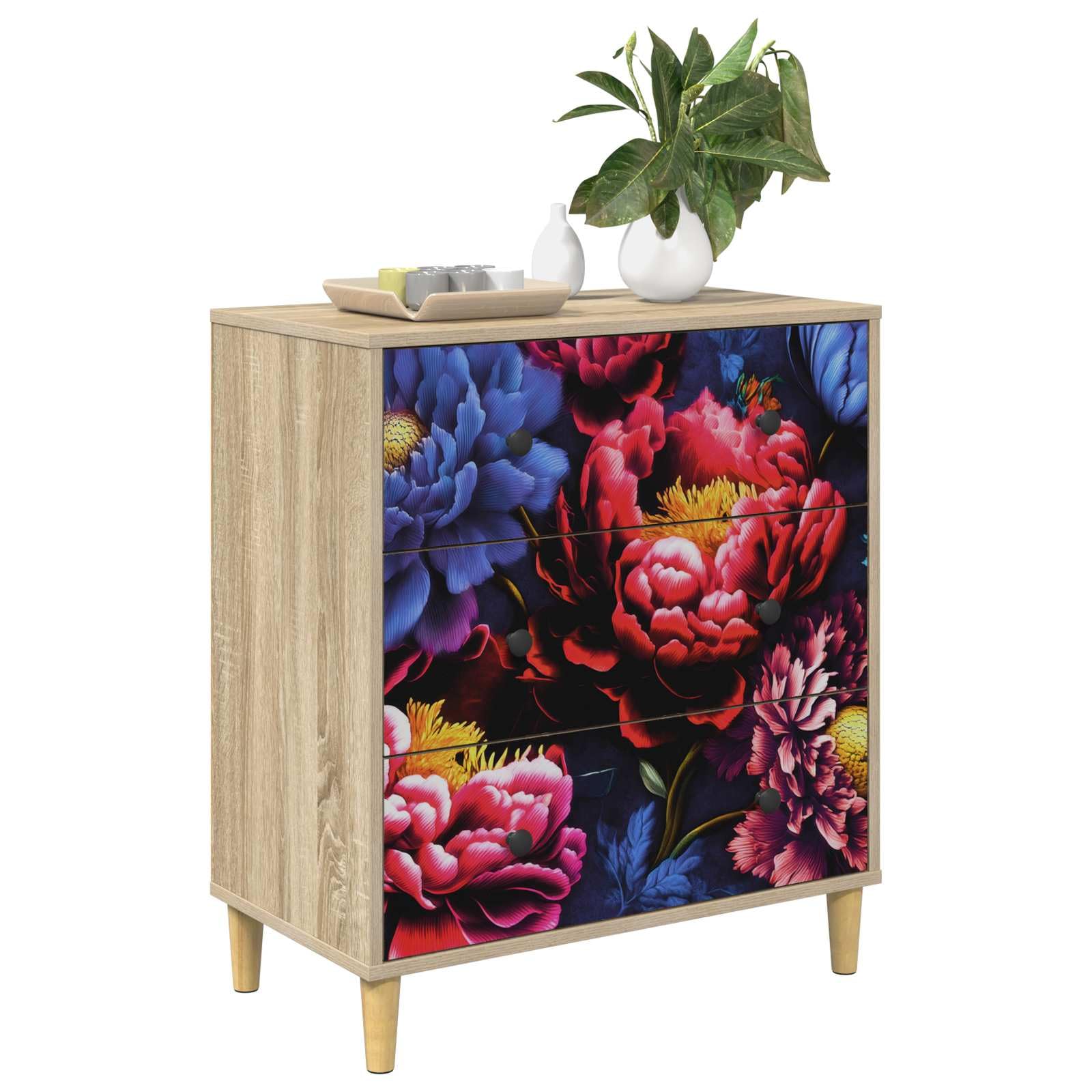 Cajonera KIEL de madera con impresión de peonía oscura de 66 x 36,5 x 75 cm para el hogar