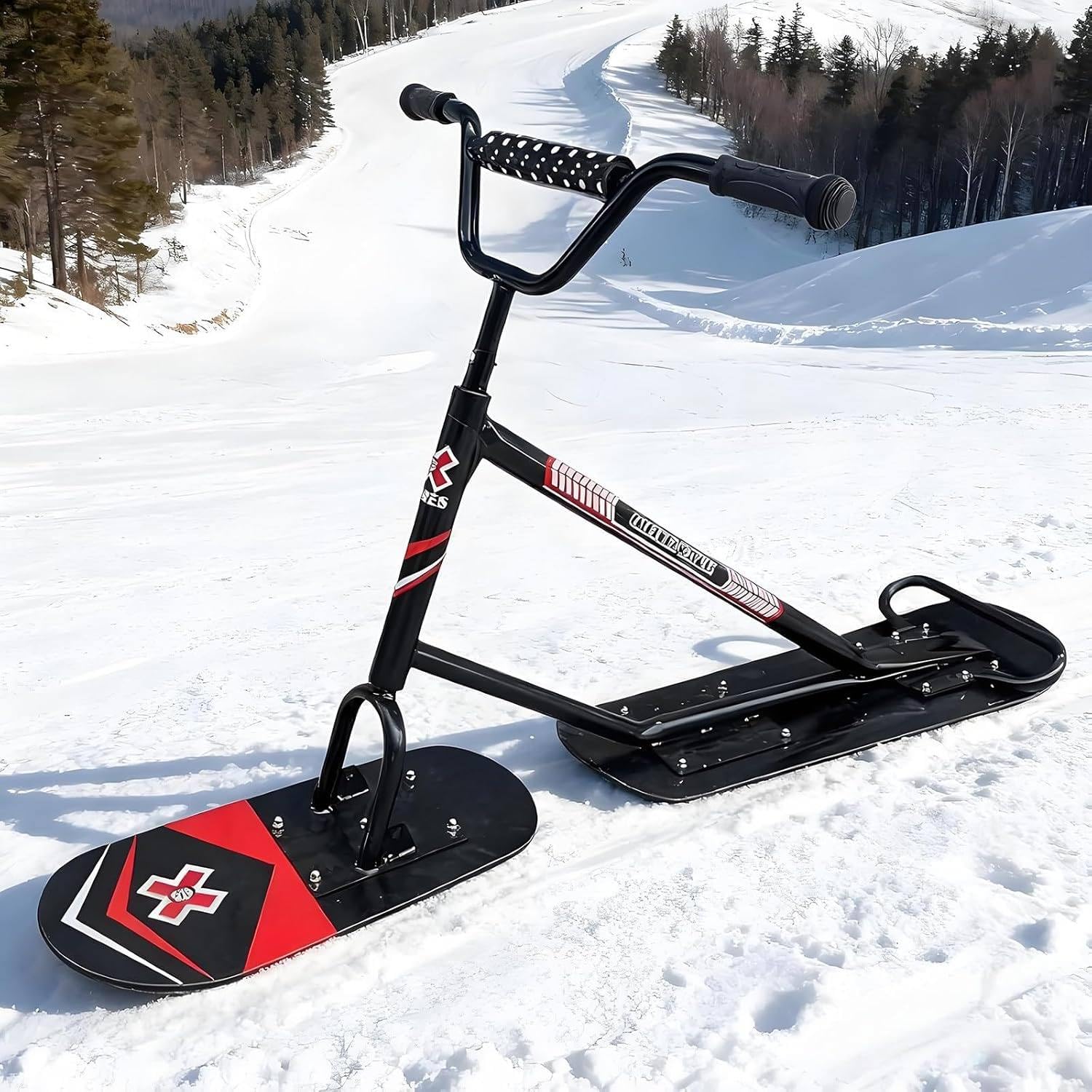Monopattino Da Neve Con Manubrio, Monopattino Da Sci, Snowboard, Slittino, Capacità Di Carico Massima 150 Kg, Sterzo a 360°, Legno D'acero a 5 Strati, Ideale per Stazioni Sciistiche E Piste Innevate A