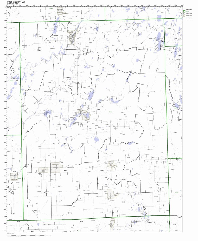 Price County, Wisconsin WI ZIP Code Map Not Laminated