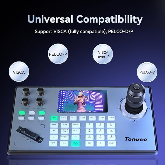 Tenveo NDI PTZ Camera Controller 4D Joystick 5 LCD Screen Preview PoE IP PTZ Keyboard Controller for Church Live Streaming Meeting Education Support VISCA PELCO-D/P RS232 RS422