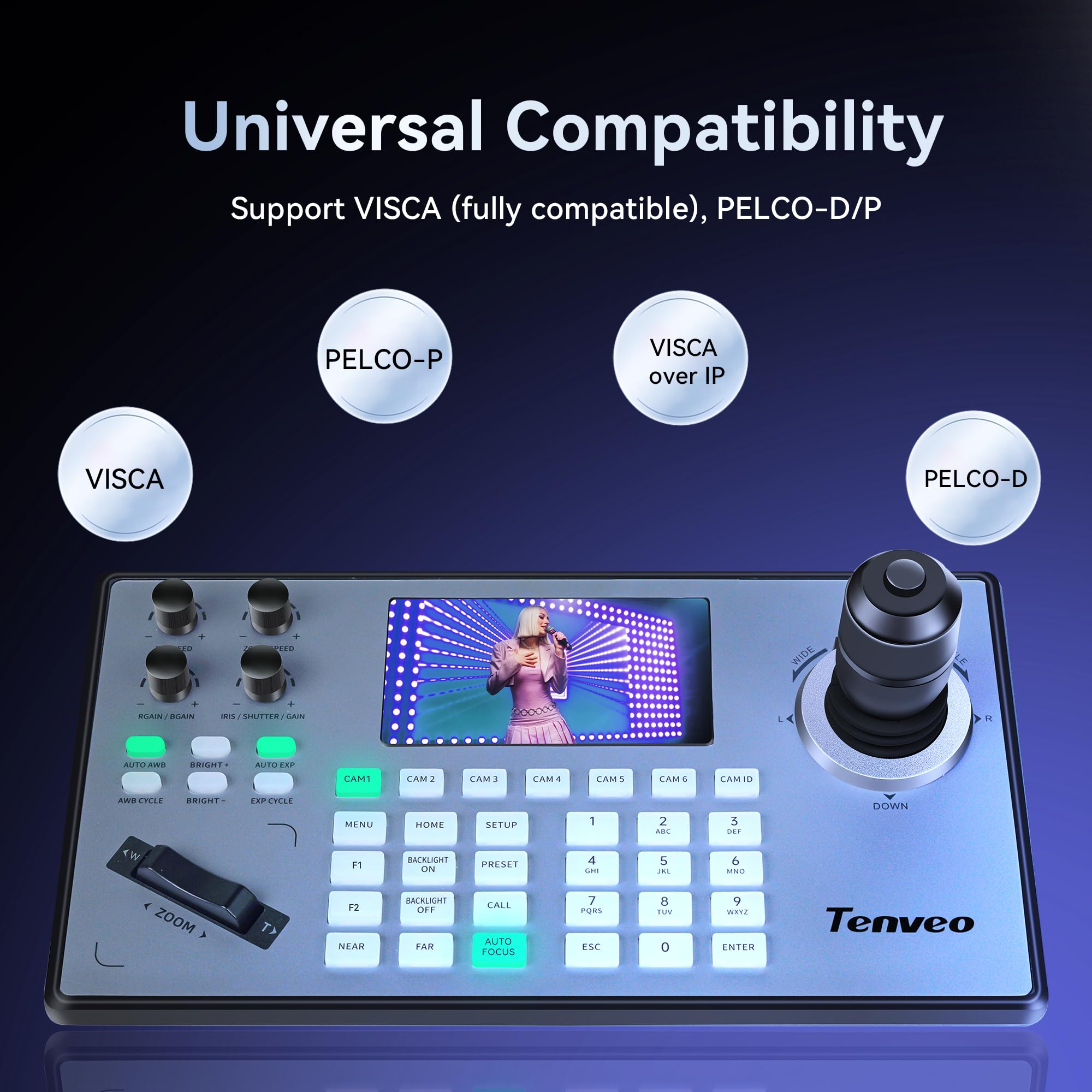 Tenveo PTZ Controller mit Joystick, Unterstützt VISCA,PELCO D/P-Protokoll,PoE/RS232/RS485/RS422/RJ45 Variable Speed 4D Joystick, Controller für Kirche Live Streaming