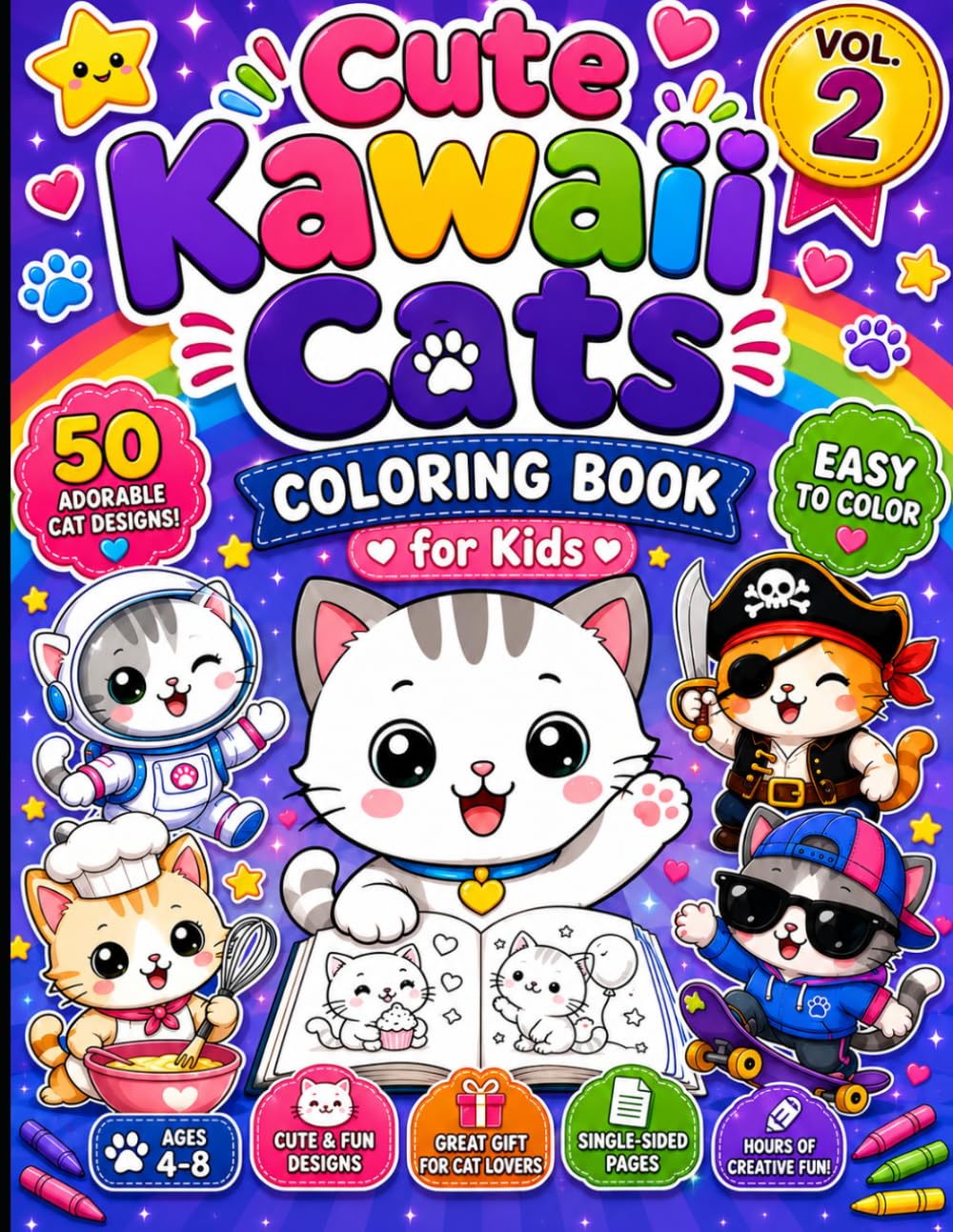 Cute Kawaii Cats Coloring Book for Kids Ages 4–8: Volume 2: 50 Adorable Cat Coloring Pages with Fun Activities and Cute Adventures