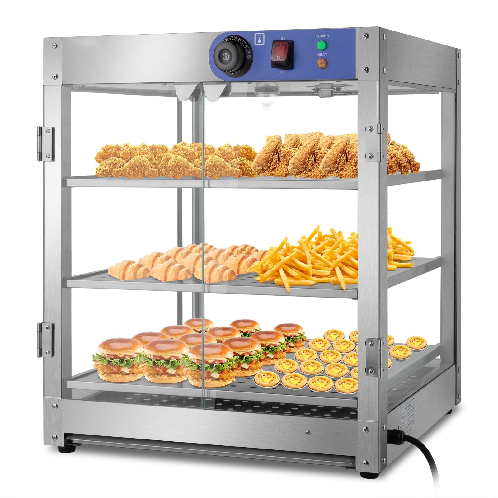 JKJZSALJ Commercial Pizza Warmer Display 3-Tier - 800W Countertop Food Warmer With Led Light, Removable Shelves & Glass Door, Electric Heated Pastry Case For Buffet, Restaurant, Bakery