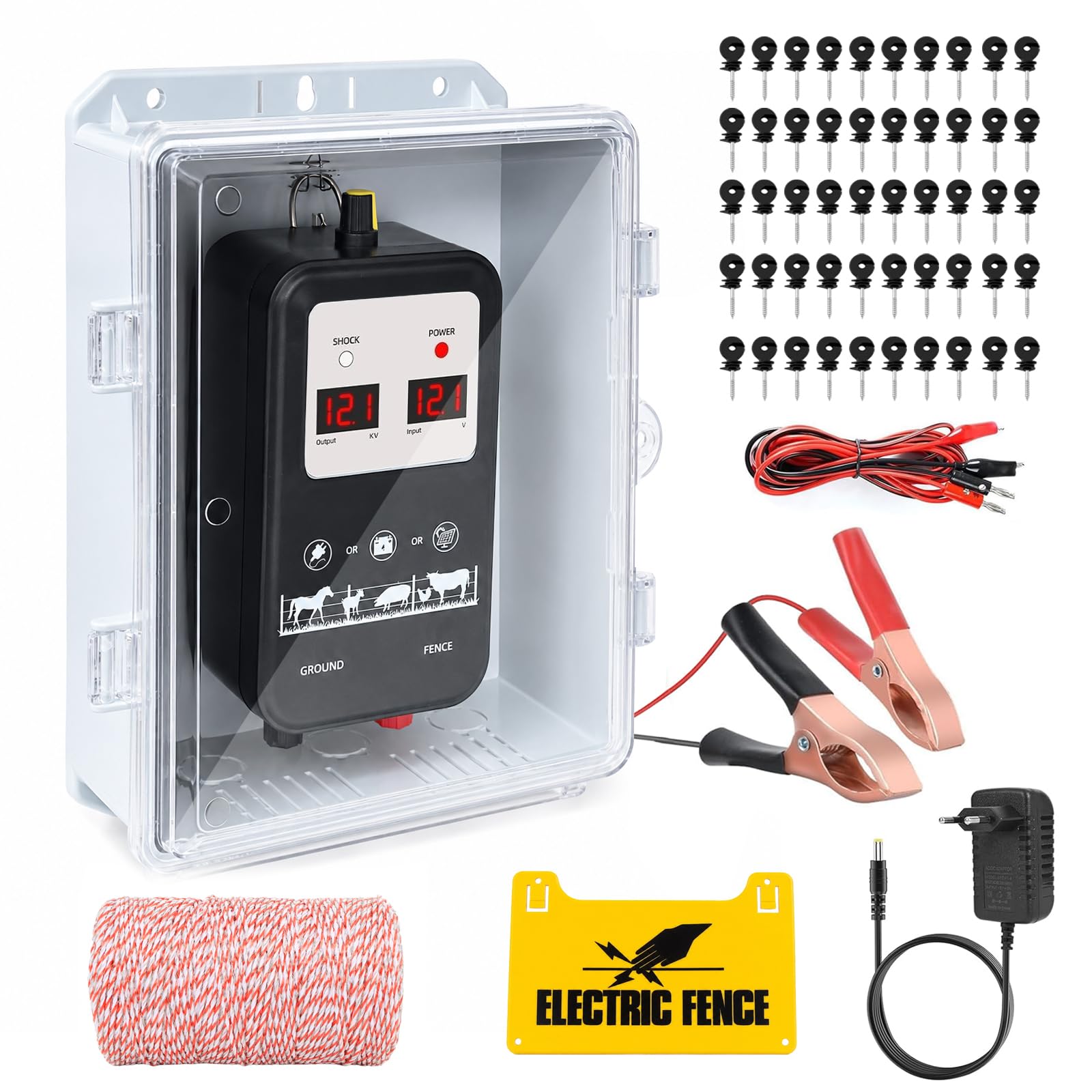 15KM Electrificador de valla eléctrica con carcasa impermeable, kit de valla con aisladores anulares y alambre de valla, tensión de salida ajustable 12 kV – 13,5 kV, para protección de animales