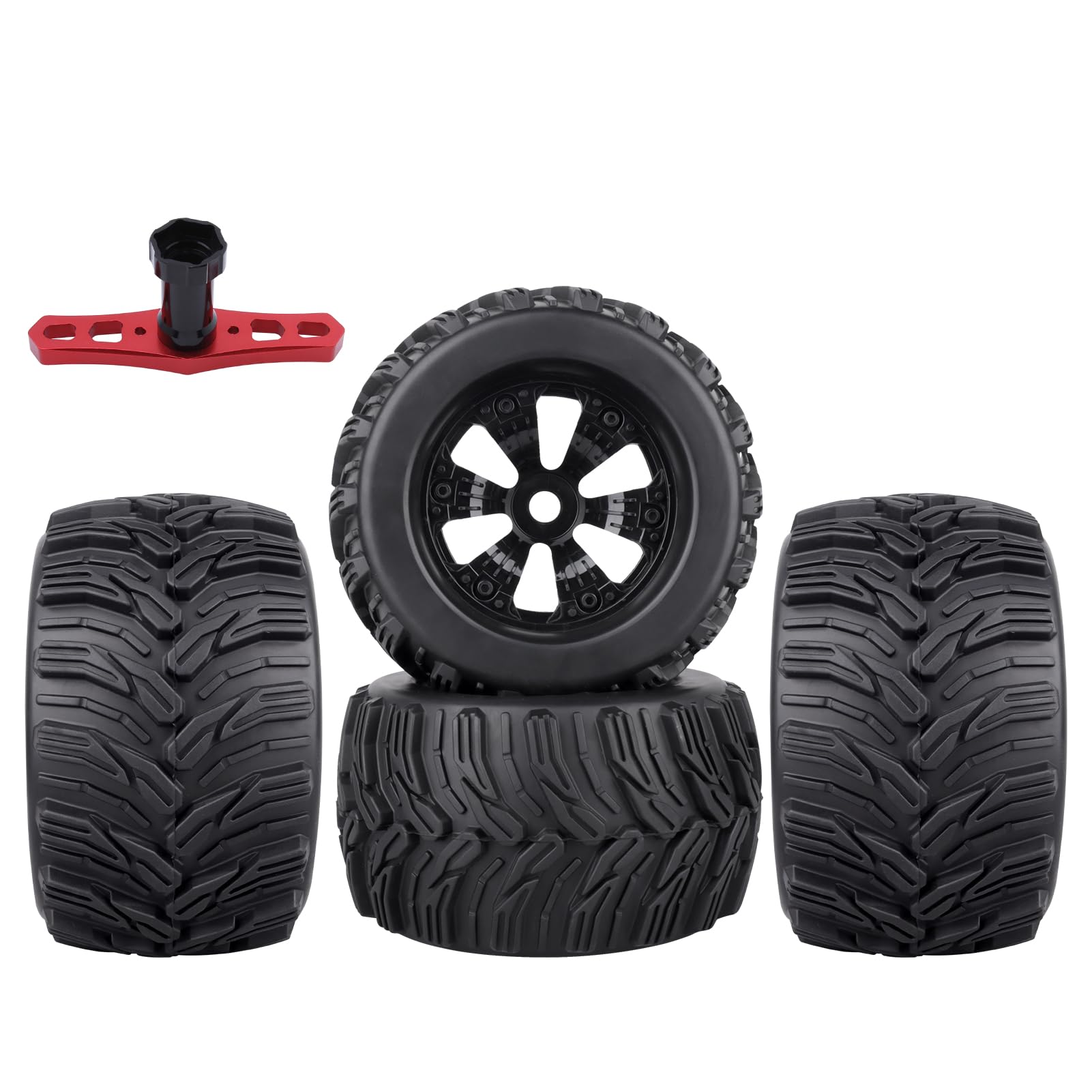 4Pcs GoHobby Pre-Glued 1/8 Truck Tires and Wheels - 17mm Hex - Compatible with Traxxas Maxx, T-maxx, E-Revo, Arrma Kraton, Redcat Kaiju, JLB Cheetah, and More