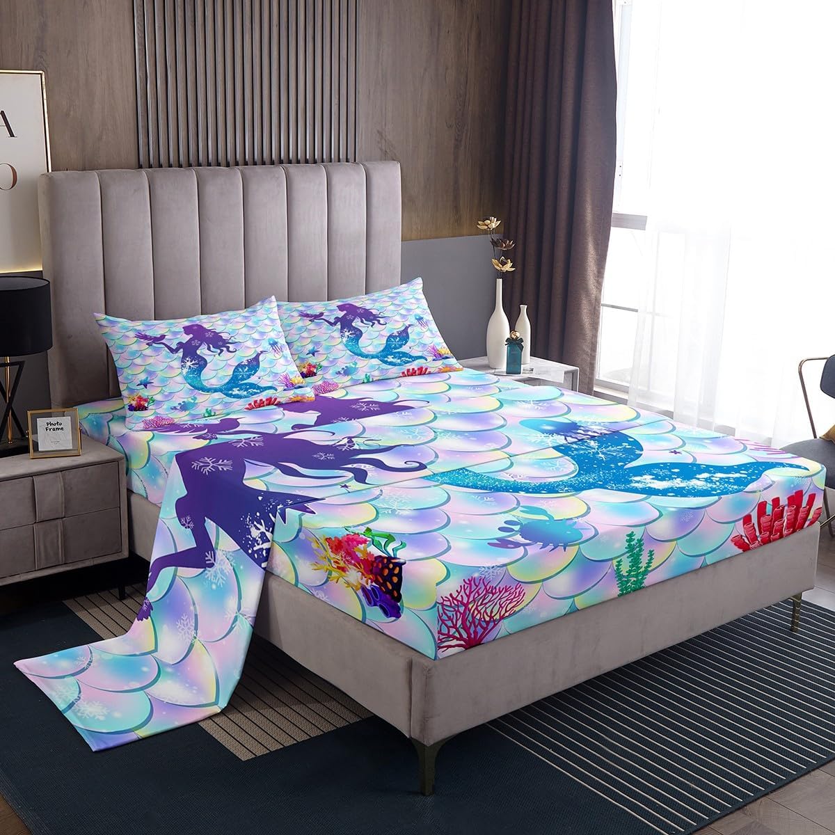 Erosebridal Little Mermaid Fitted Sheet Iridescent Fish Scale Sheet Set Mermaid Gifts for Women,Ocean Jellyfish Crab Bed Sheets Nautical Sea Animal Bed Cover King,Sea Reef Coral Kawaii Room Decor