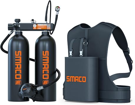 SMACO Mini Scuba Tank 1.9L Double Diving Tank Reusable Small Pony Bottle for Underwater Exploration Portable Twin 1.9L Lung Air Tank Kit Diving Cylinder for Emergency Rescue Boat Cleaning S700 Max