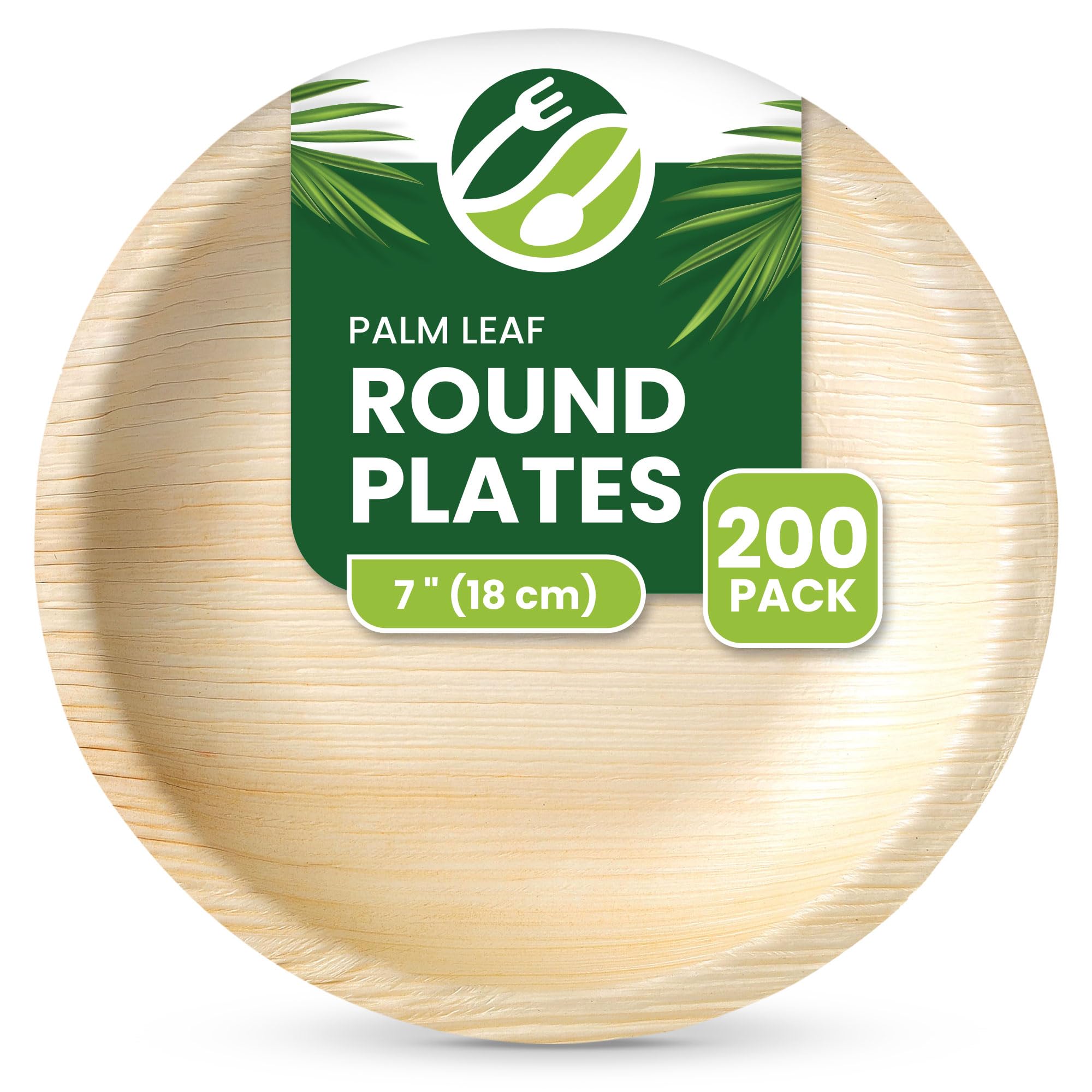 ECO Leaf 200 Disposable Palm Leaf Plates - 7" (18cm) Shallow Round, Compostable & Biodegradable, Microwave & Oven Safe, Eco-Friendly, Strong Plates for Hot Food, Small Dessert & Side Plates — image 1