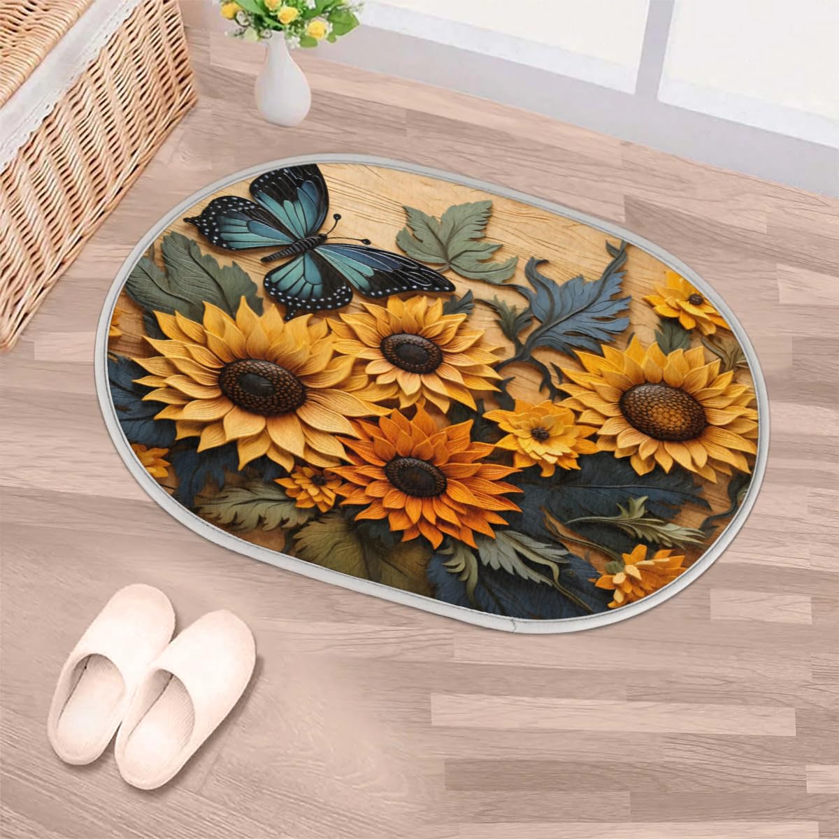 Oval Rug Super Absorbent Bathroom Floor Mats Soft Shaggy Thickened Door Mats Sunflower Bath Mat Butterfly Rug for Living Room Bedroom Entryway