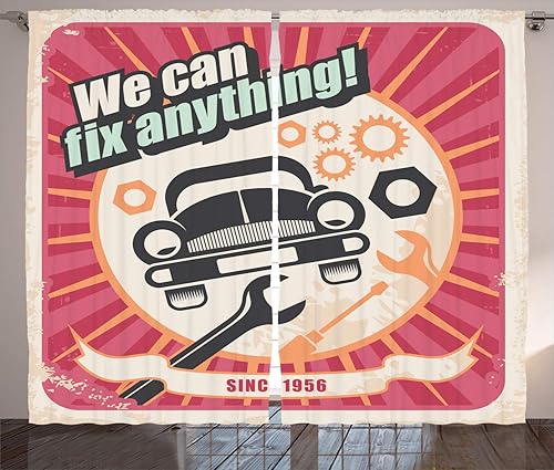 Lunarable 1950s Curtains, Auto Service Retro Poster Mechanic Mechanical Transport Workshop Design, Living Room Bedroom Window Drapes 2 Panel Set,