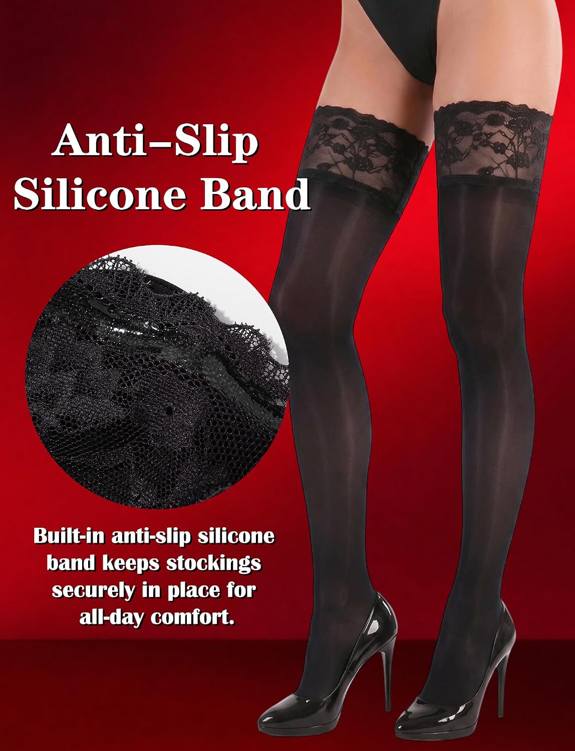 SEAUR Women's Sheer Thigh High Stockings with Lace Top Anti Slip Silicone Stay Up Ultra Sheer Pantyhose