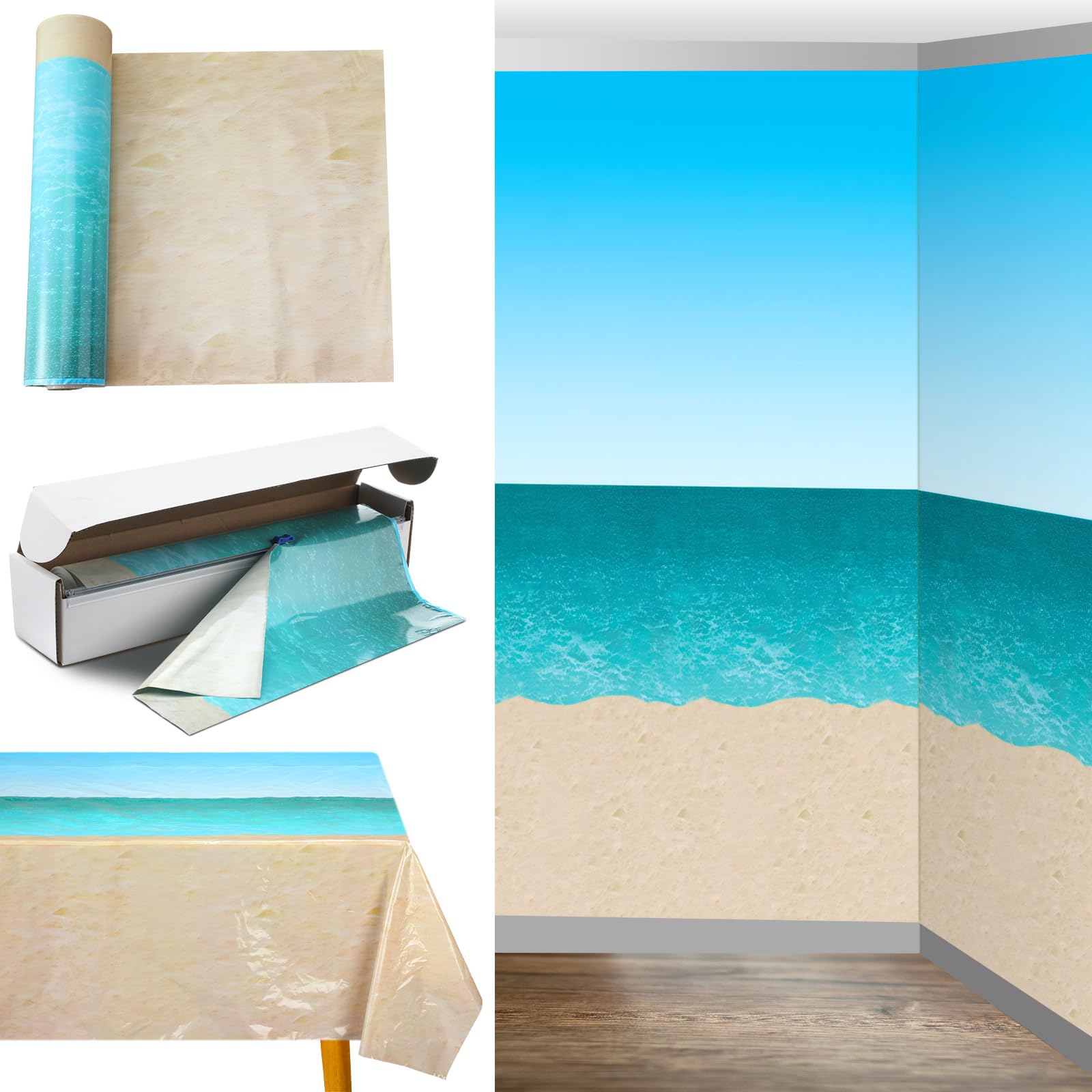 Oudain 54 Inch x 100 ft Summer Ocean Beach Tablecloth Roll Cutter Box