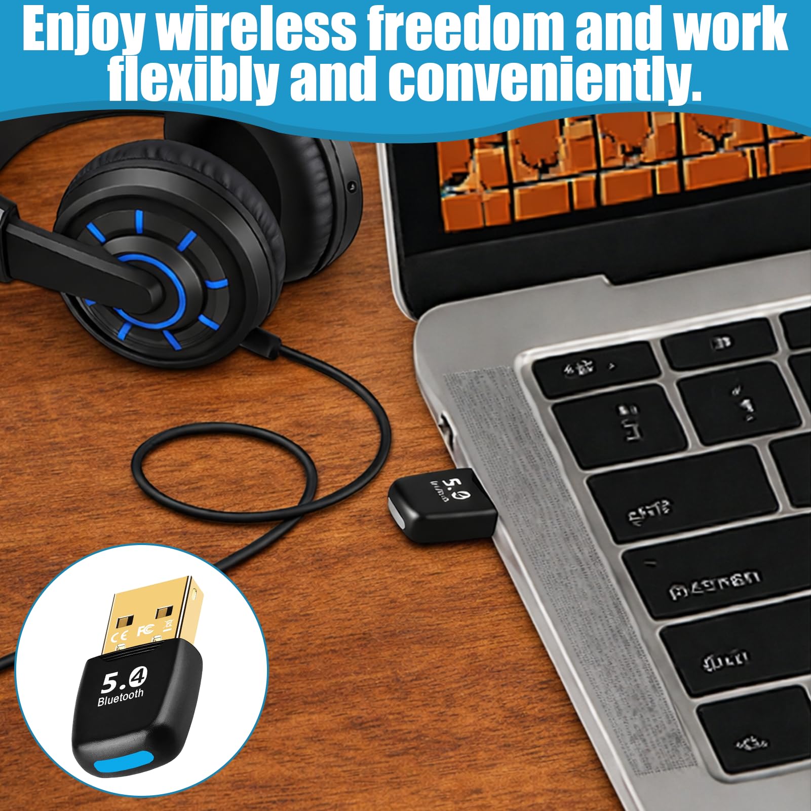 Adaptador Bluetooth para PC, dongle USB Bluetooth 5.4, adaptador USB de baja latencia, llave Bluetooth para ordenador de escritorio/portátil, Plug & Play, receptor Bluetooth para Windows