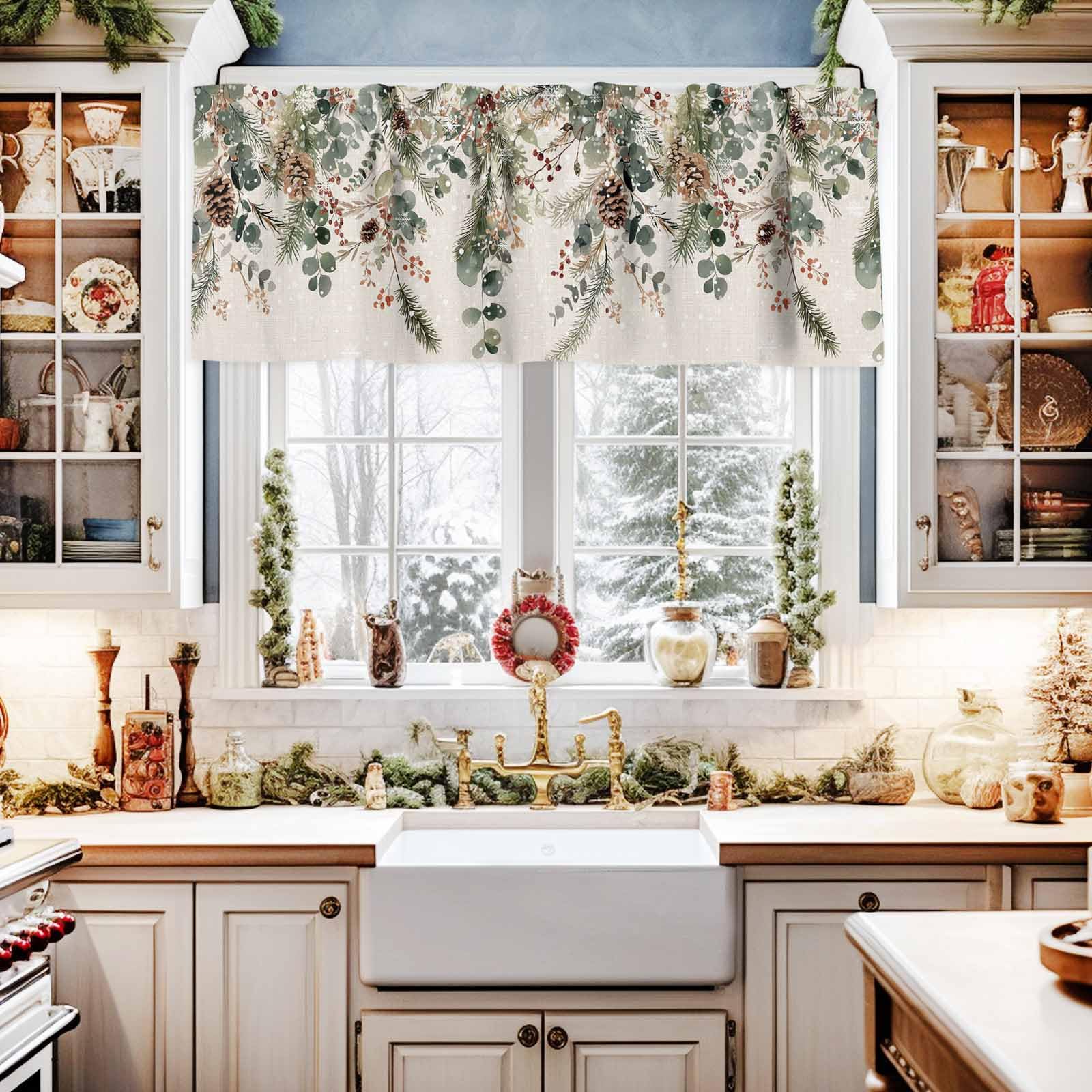 Cenefa De Cortina Con Motivo Eucalipto - Verde Y Blanco, 137x45 Cm, Poliéster, Para Cocina, Sala O Baño